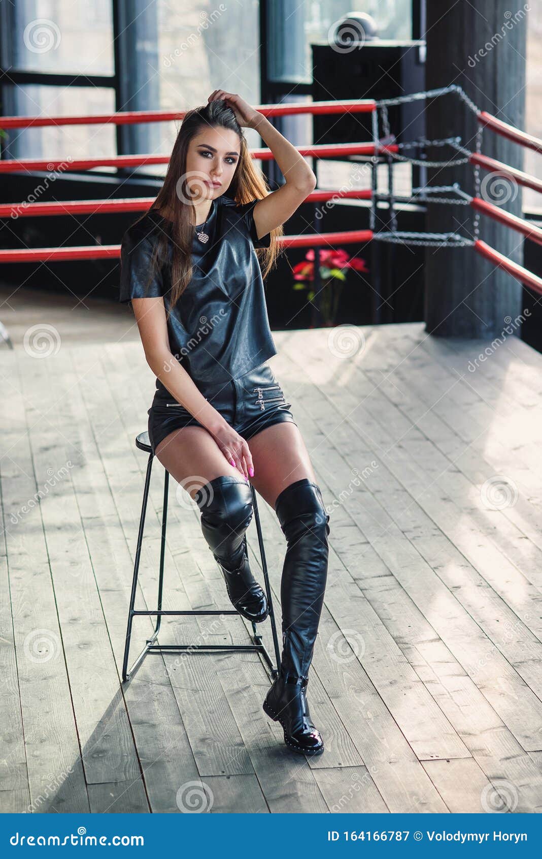 Download Attractive Model Wearing Leather Shorts And Jacket Posing On Boxing Ring Stock Image Image Of Fashion Hair 164166787
