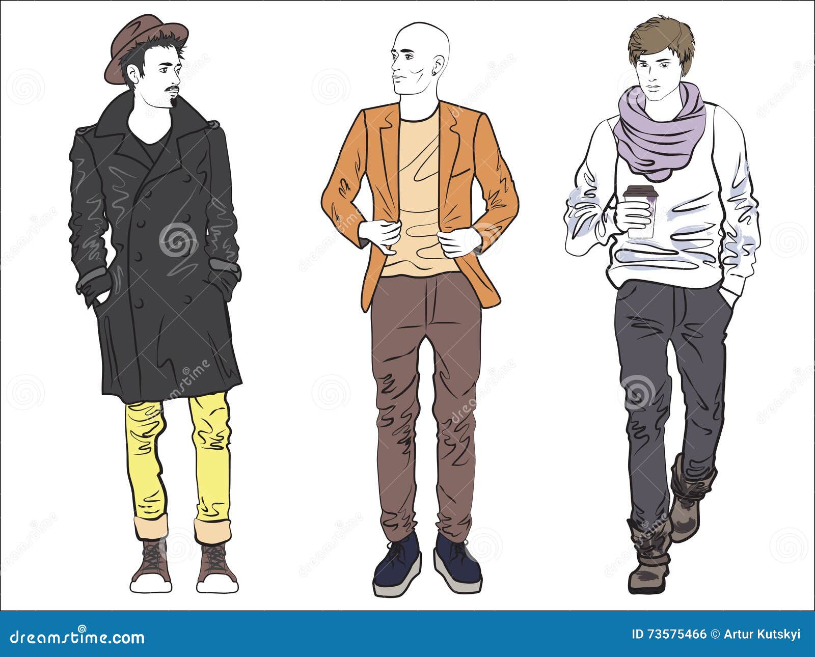 Attractive Modern Fashionable Man Set In Fashion Clothes Color Line Drawing Attractive Modern Fashionable Man Set In Fashion Clothes Color Line Drawing