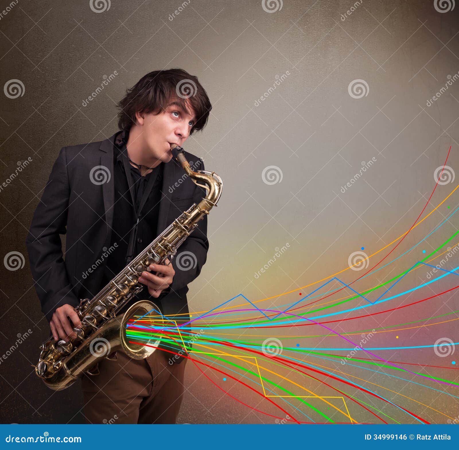 Attractive Musician Playing on Saxophone while Colorful Abstract Stock