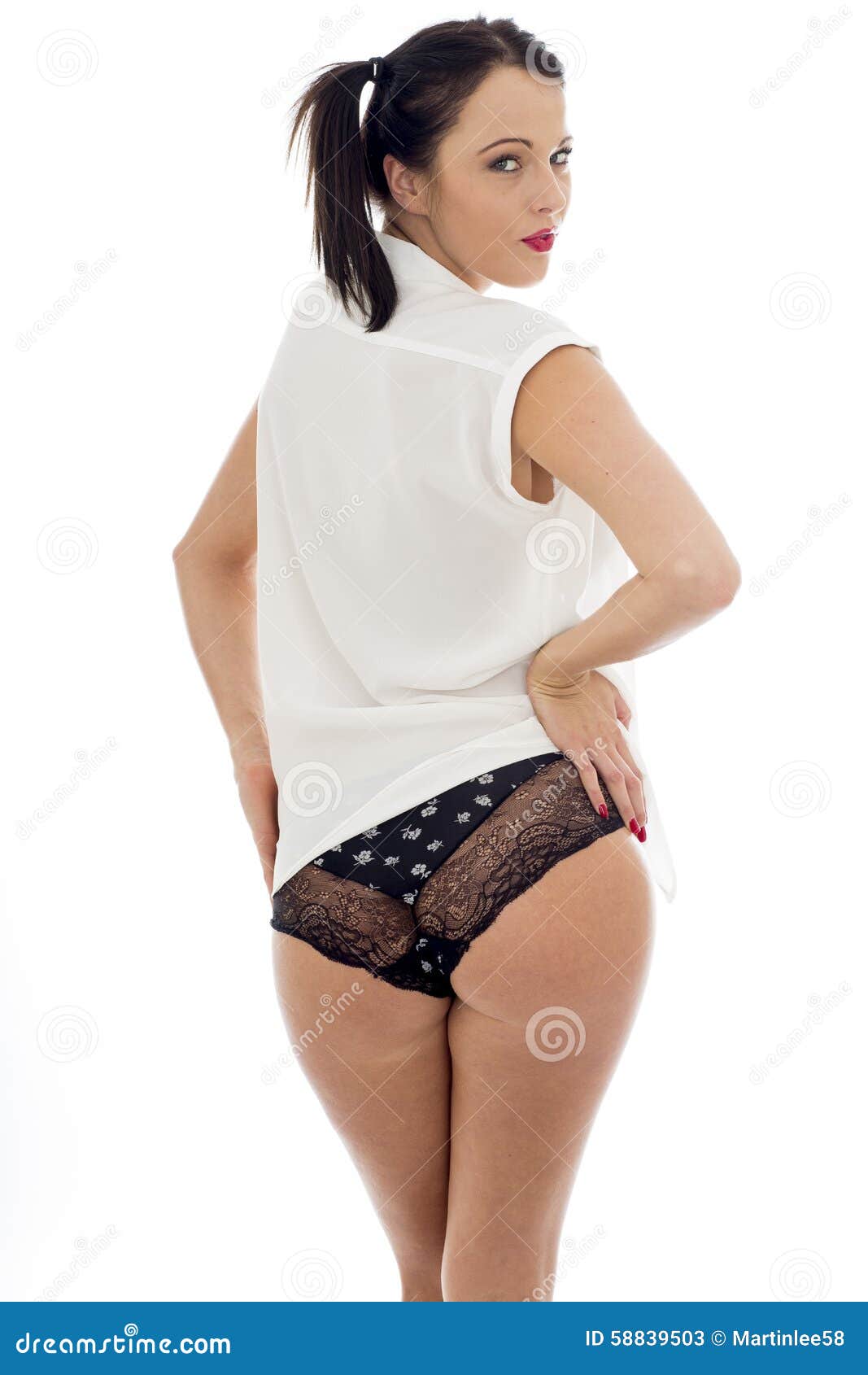 Attractive Young Model Wearing White Shirt with Lacy Black Lacy Panties  Stock Image - Image of glamor, panties: 58839503
