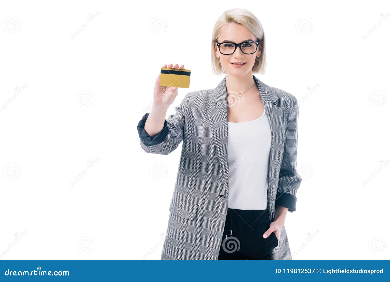 attractive stylish businesswoman showing credit card,