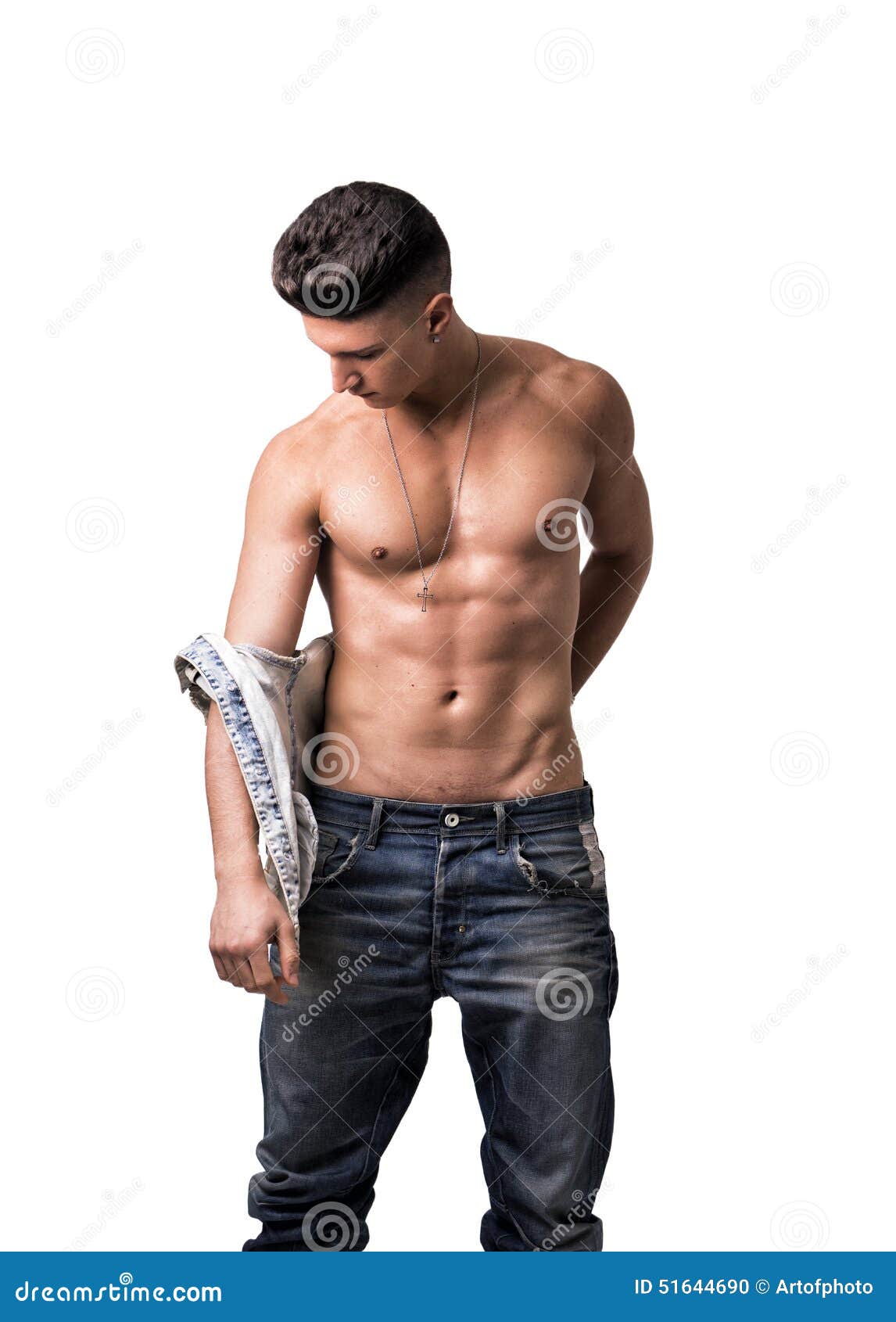 Attractive Trendy Young Man Undressing, Taking Off Shirt 