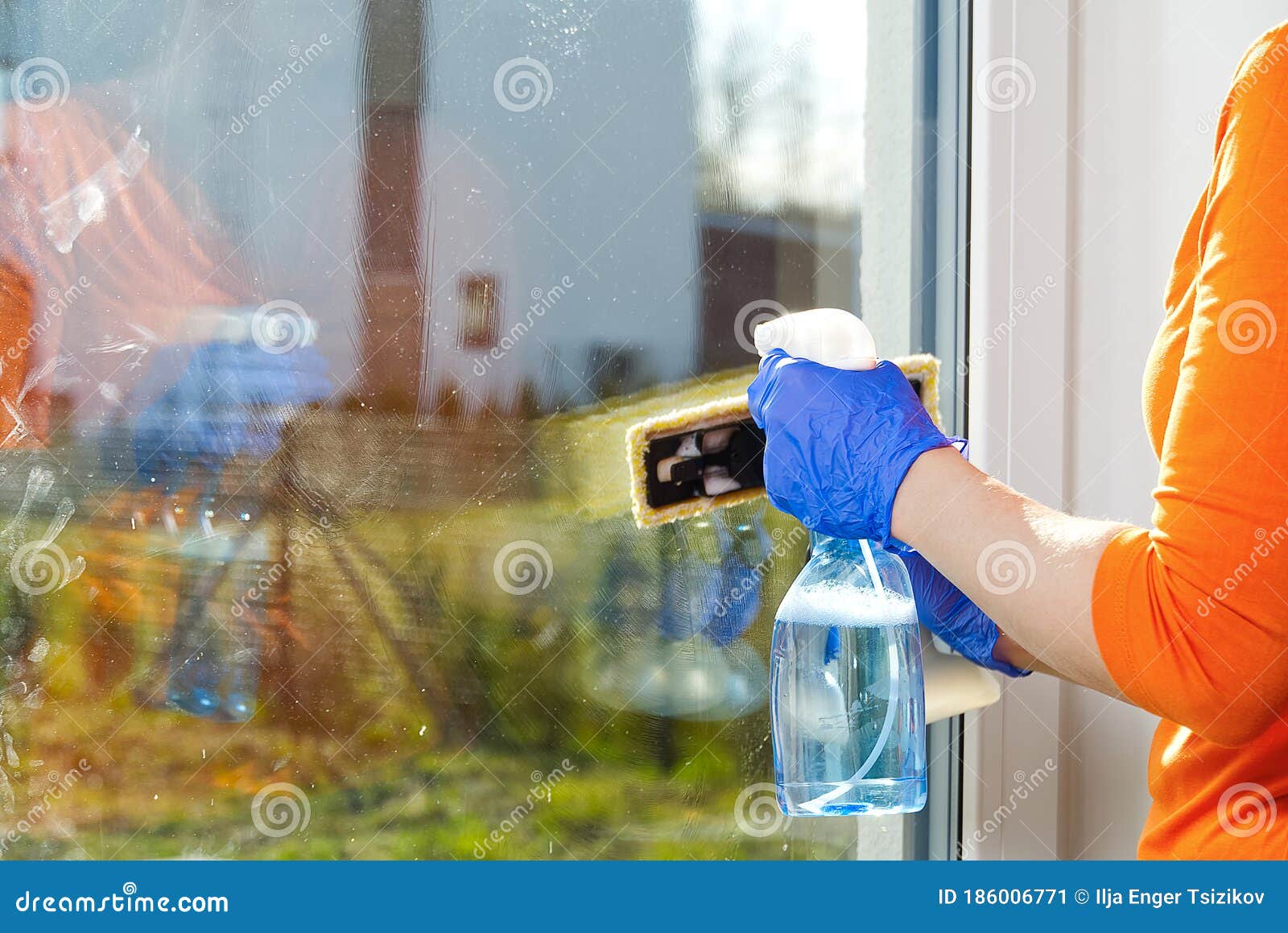 Attractive Wife Washing A Window Gloved Hand Cleaning Window Rag And Spray Washing Windows