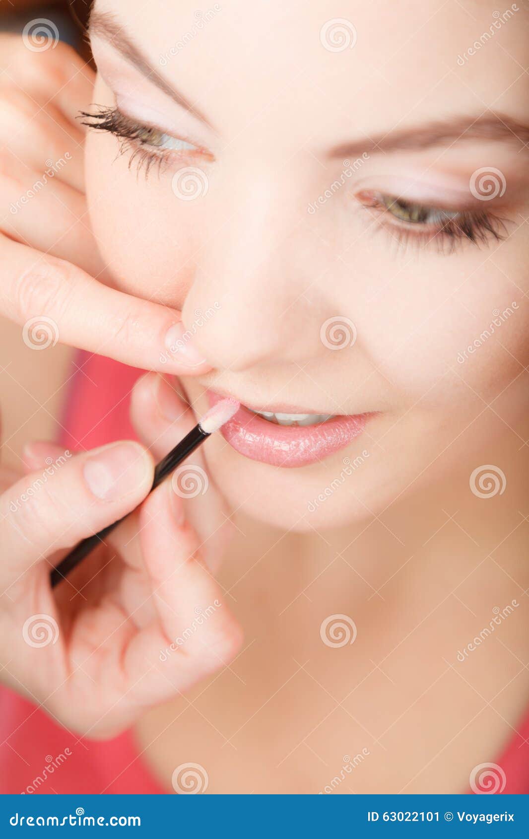 Attractive Woman Applying Lipstick. Make Up. Stock Image - Image of ...