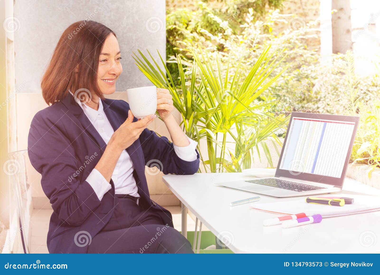 Attractive Woman Drinking Coffee Working At Cafe Stock Image Image