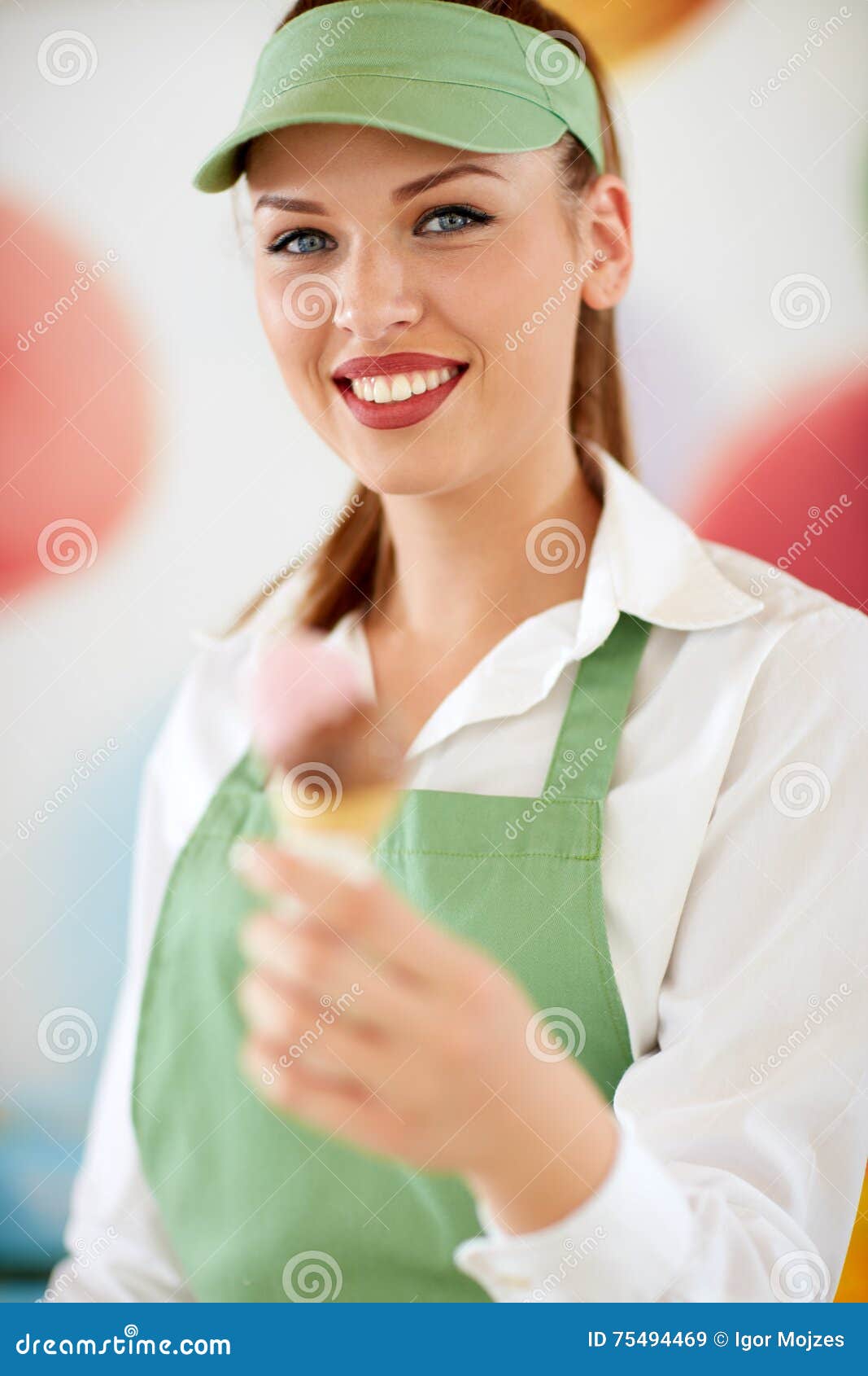 attractive woman employed in candy store