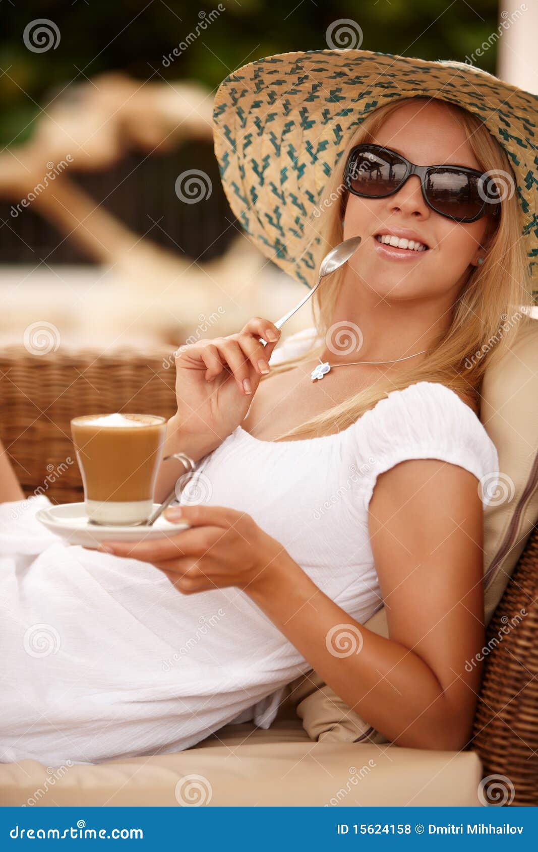 Attractive Woman Enjoying Coffee on a Vacation Stock Photo Image of