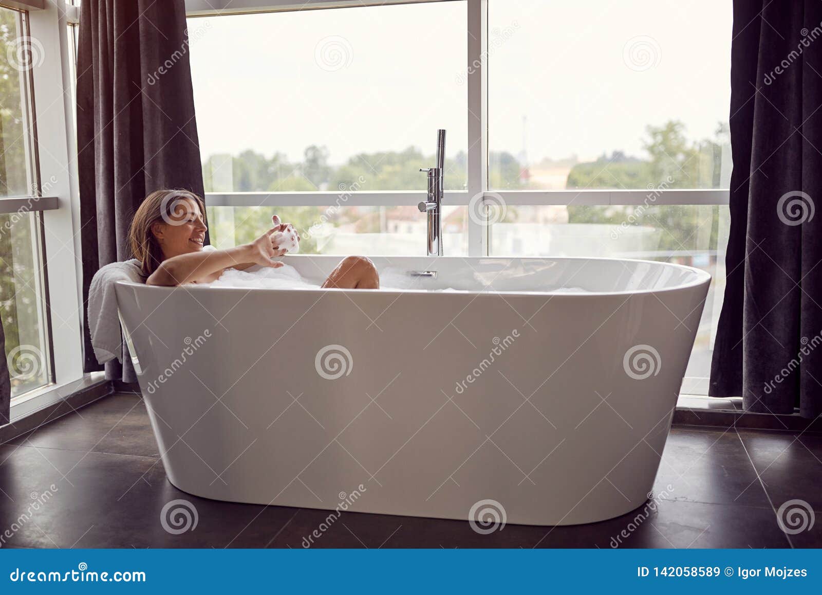 Attractive Woman Lying in Bathtub Stock Image Image of clean