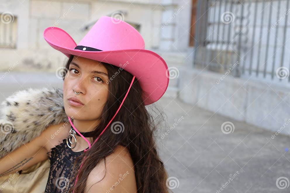 Attractive Woman with Pink Cowboy Hat Stock Photo Image of colombian