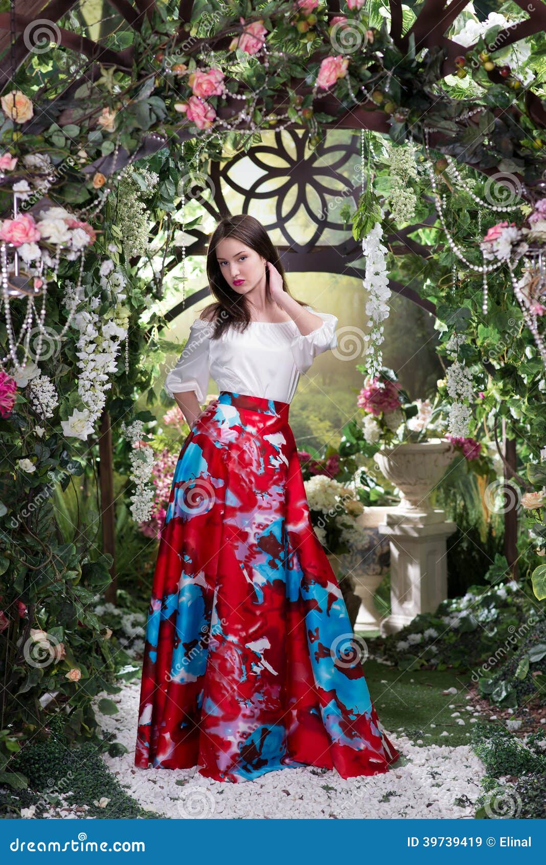 Attractive Woman in Red Skirt in Floral Garden. Fairy Tale Stock Image ...