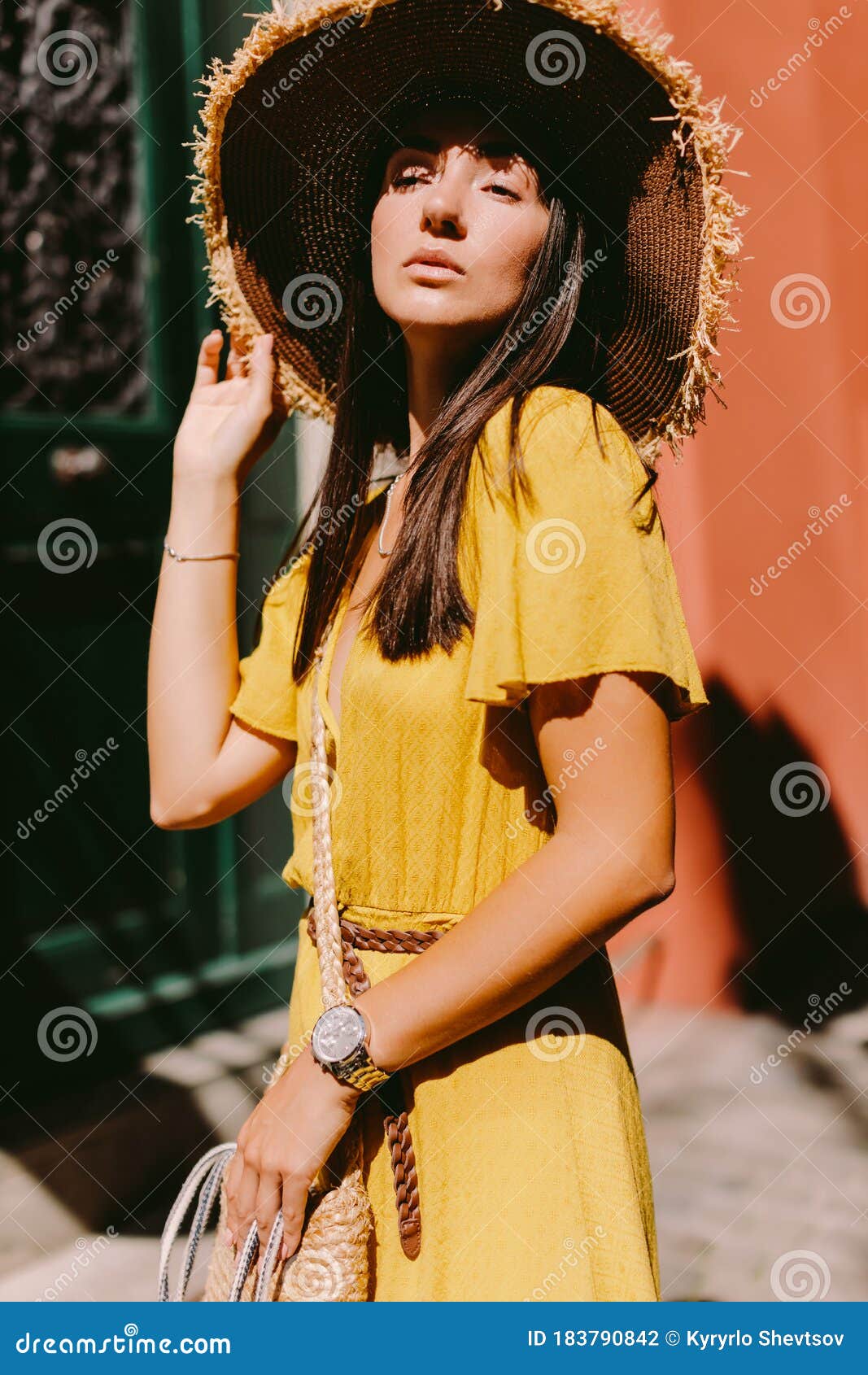 Attractive Woman in Summer Dress and Straw Hat with Handbag Walking ...