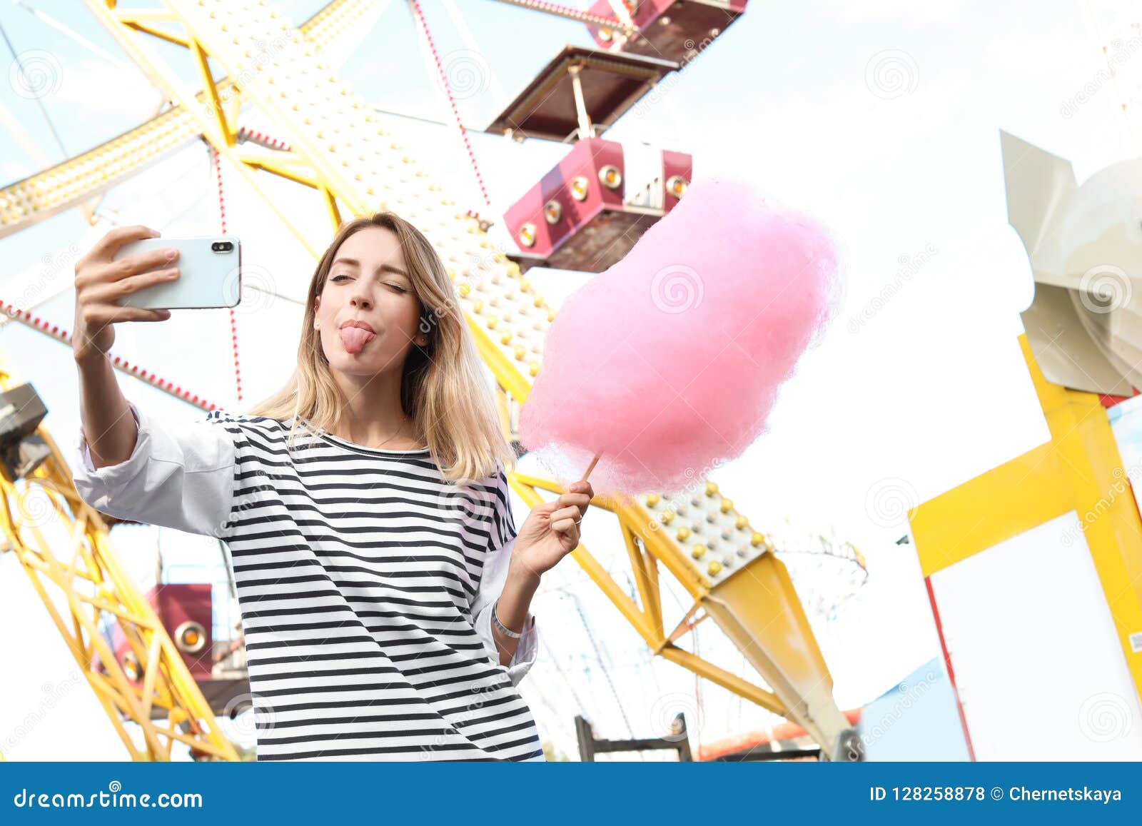 Attractive Woman Taking Selfie with Cotton Candy Stock Photo - Image of ...