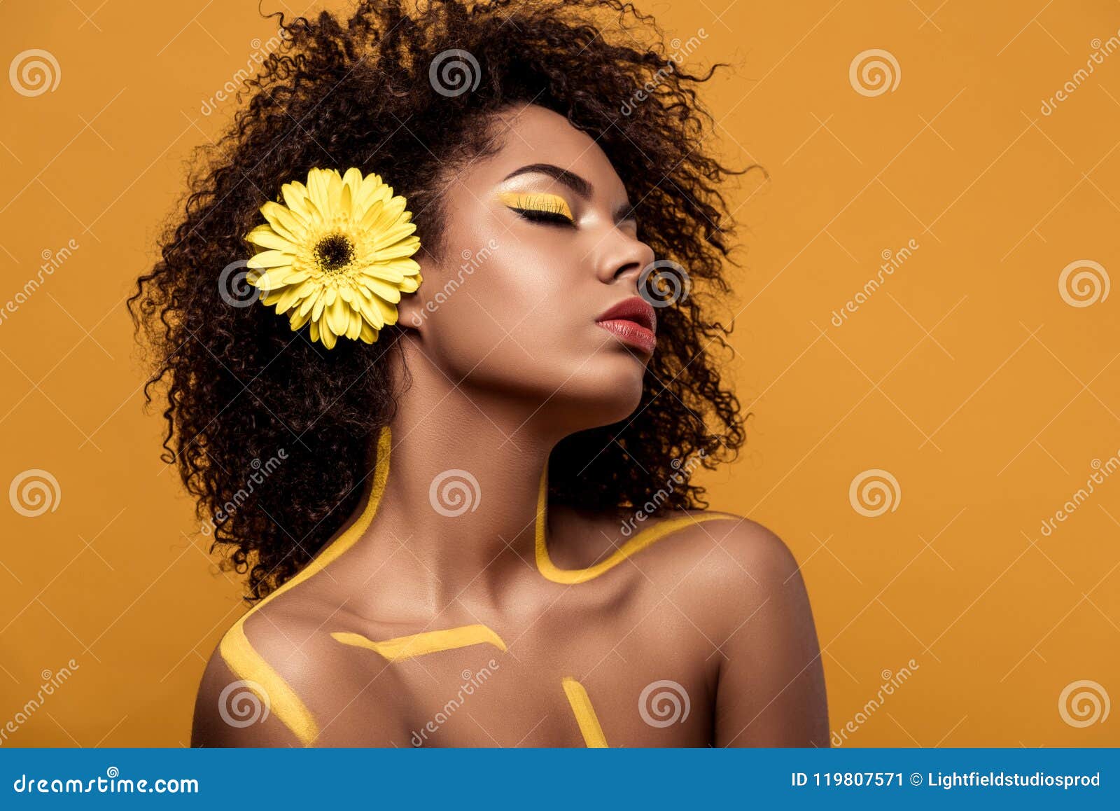 Attractive Young African American Woman with Artistic Make-up and Gerbera  in Hair Stock Image - Image of beauty, fashionable: 119807571