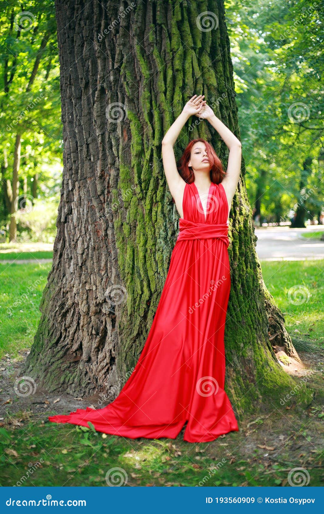 Attractive Young Girl, Lady in Long Red Dress in Summer Forest Park ...