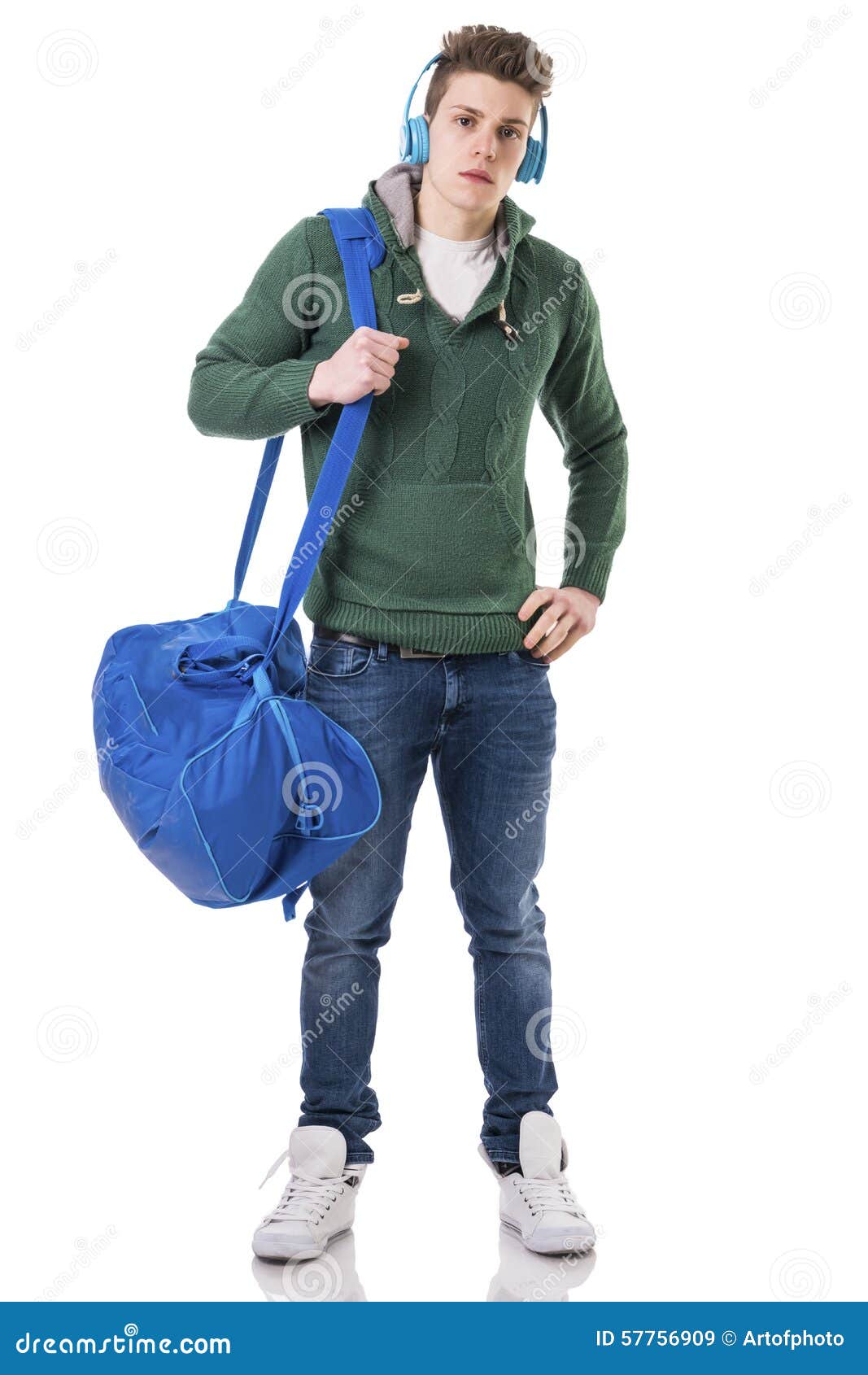 Attractive Young Man with Bag on Shoulder Strap and Headphones Stock ...