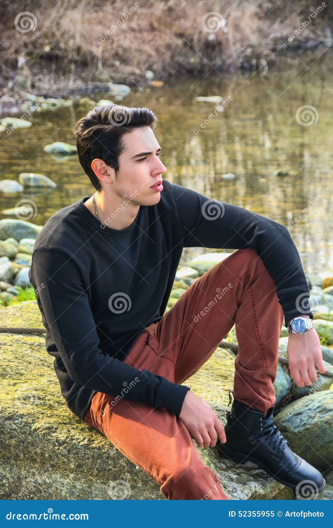 Attractive Young Man Outdoor in Nature, at River Stock Image - Image of ...