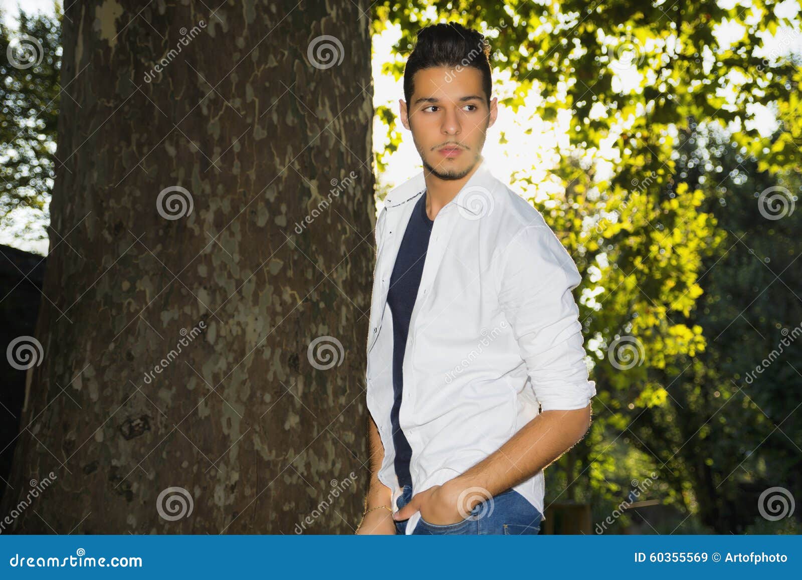 Attractive Young Man in Park Next To Trees Stock Image - Image of leaf ...