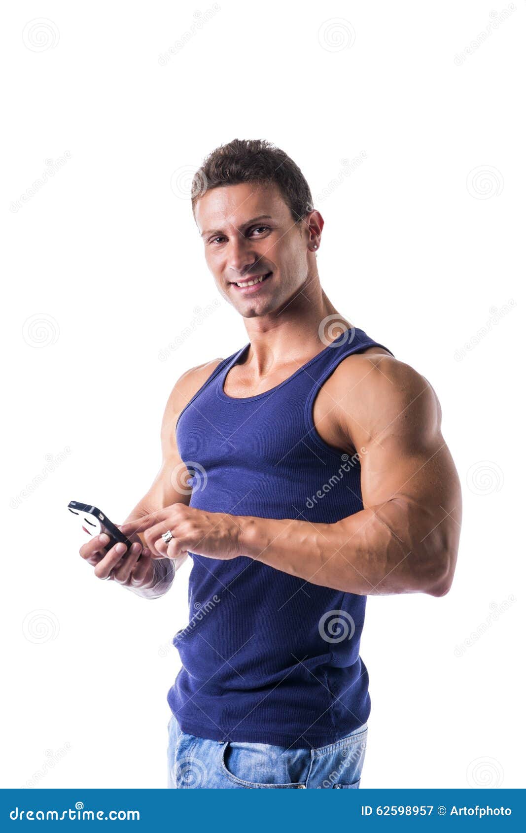 Attractive Young Man Typing on Smartphone, Sending Stock Image - Image ...