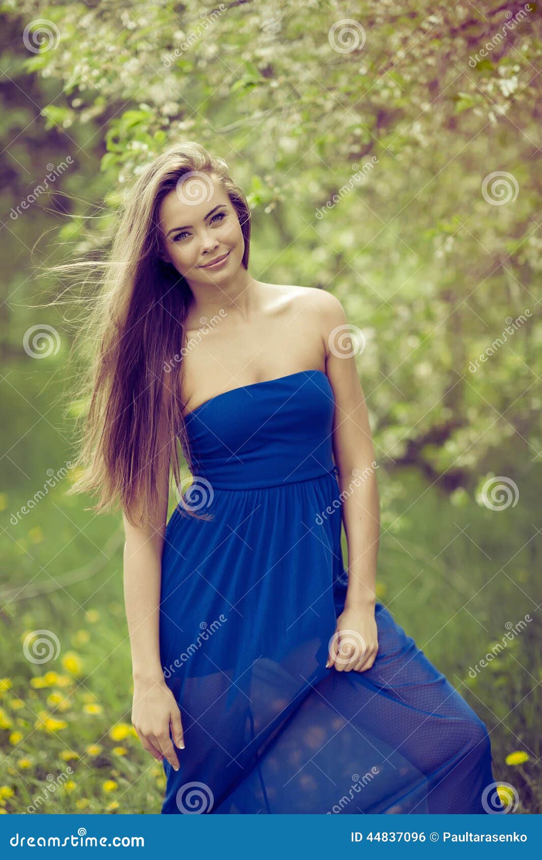 Attractive Young Woman in Blue Long Dress Outdoor Portrait Stock Photo ...