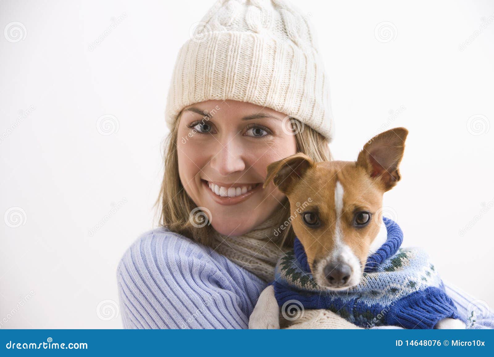 Attractive Young Woman and Dog Wearing Sweaters Stock Photo Image of