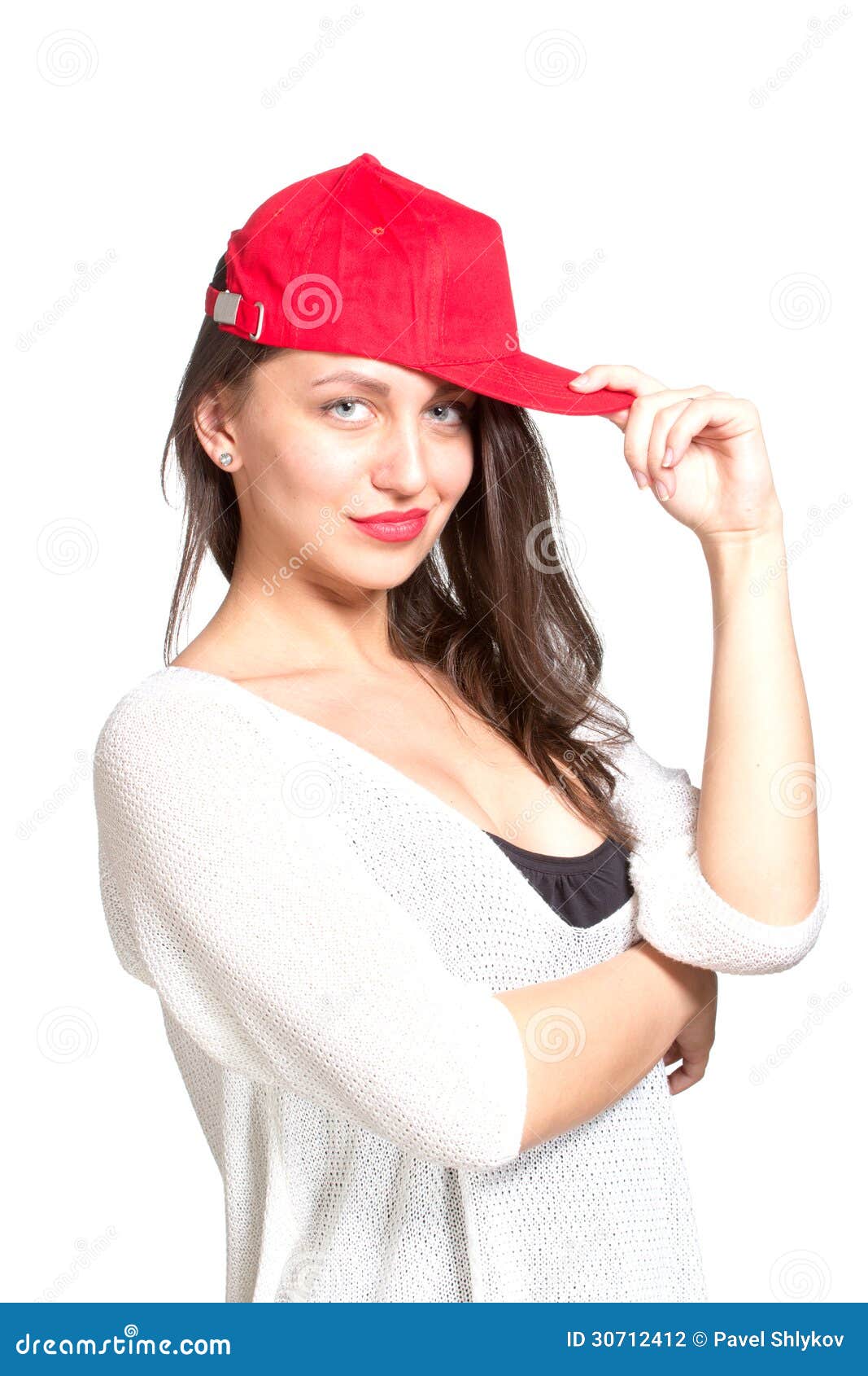 Attractive Young Woman Wearing A Red Baseball Cap Stock Photo - Image