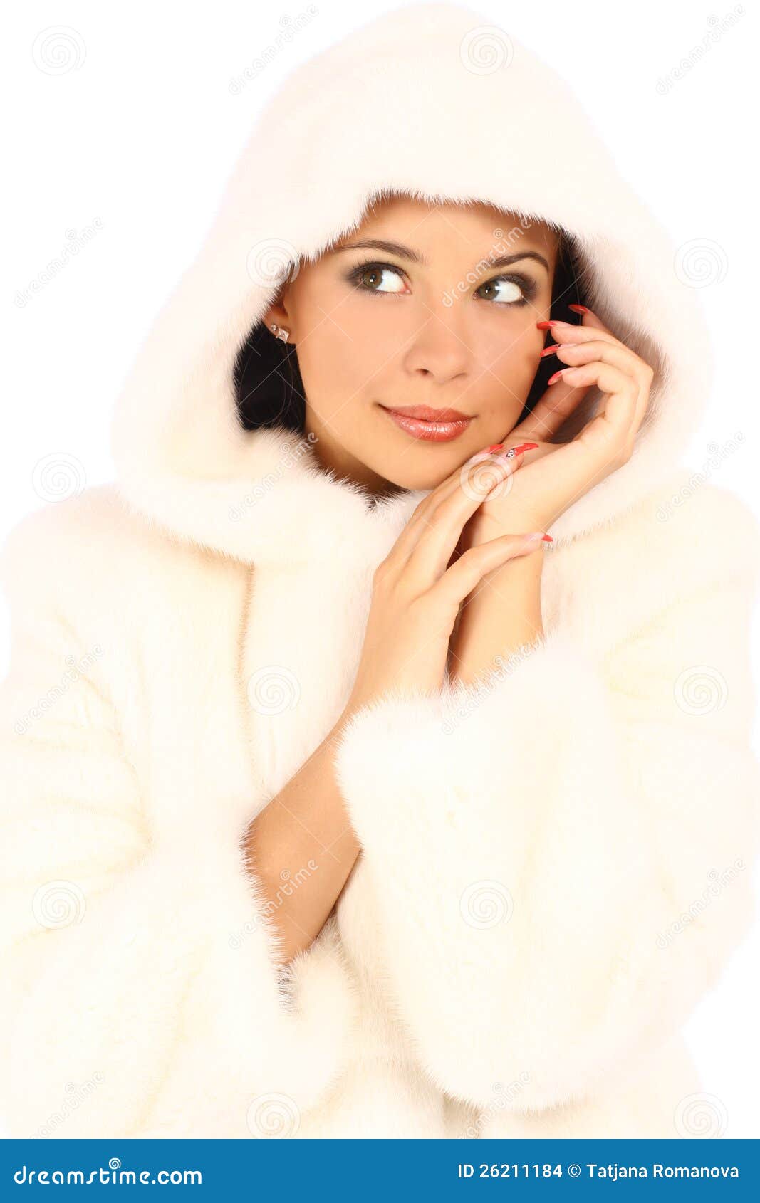 Attractive Young Woman in White Fur Coat and Hood Stock Photo - Image ...