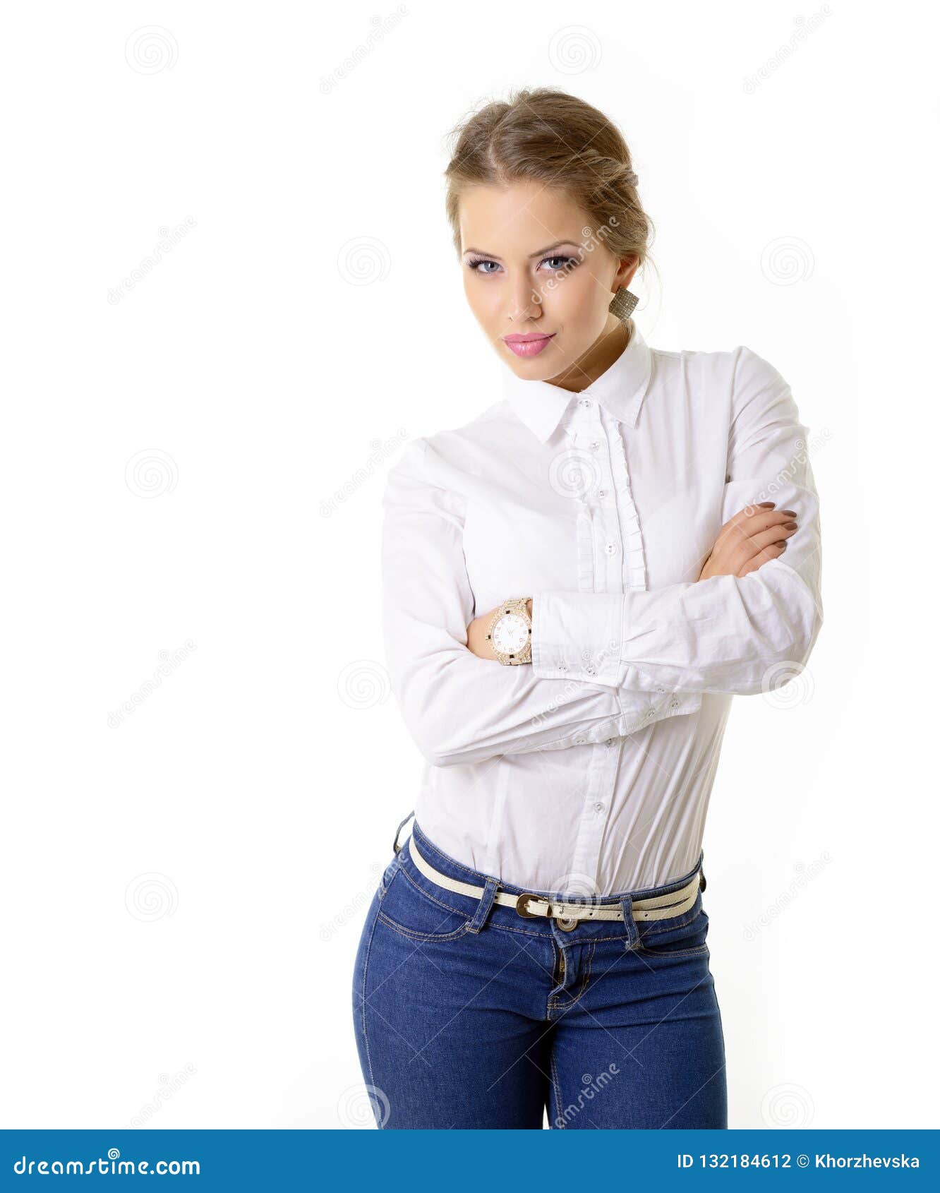 Attrctive Fashion Girl In Blue Jeans And White Shirt With Beautiful Makeup Stock Photo Image Of Girl Eyes