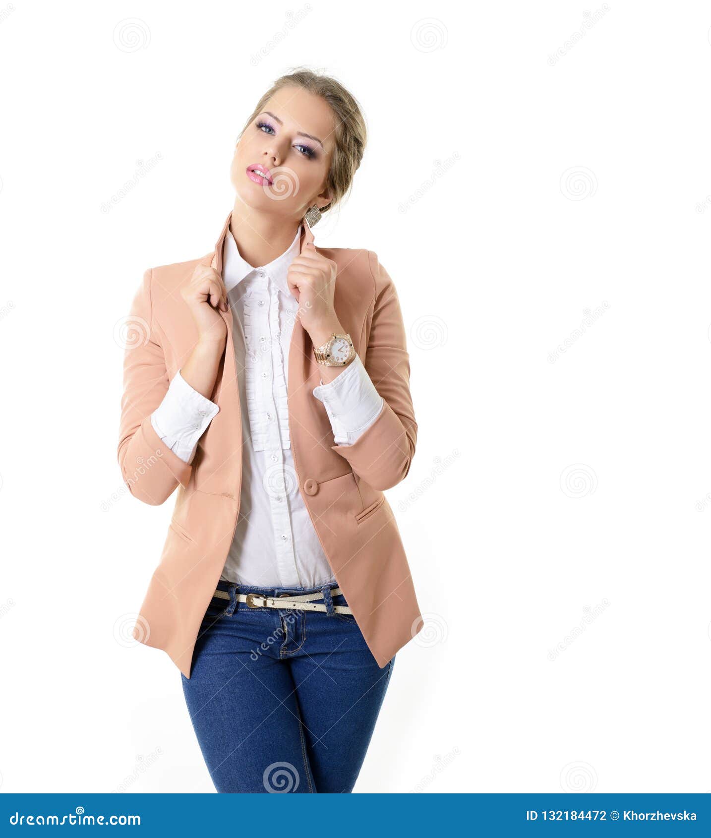 Attrctive Fashion Girl In Blue Jeans White Shirt And Jacket Wit Stock Photo Image Of Girl Model