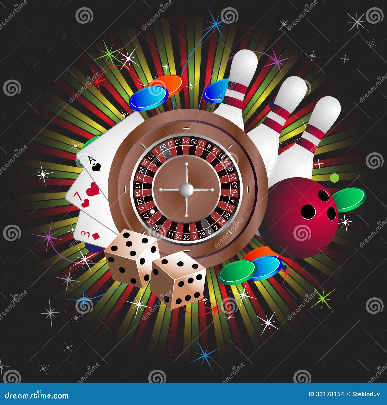 Attrezzatura di gioco. Dadi, roulette, carte e perni di bowling su un fondo astratto