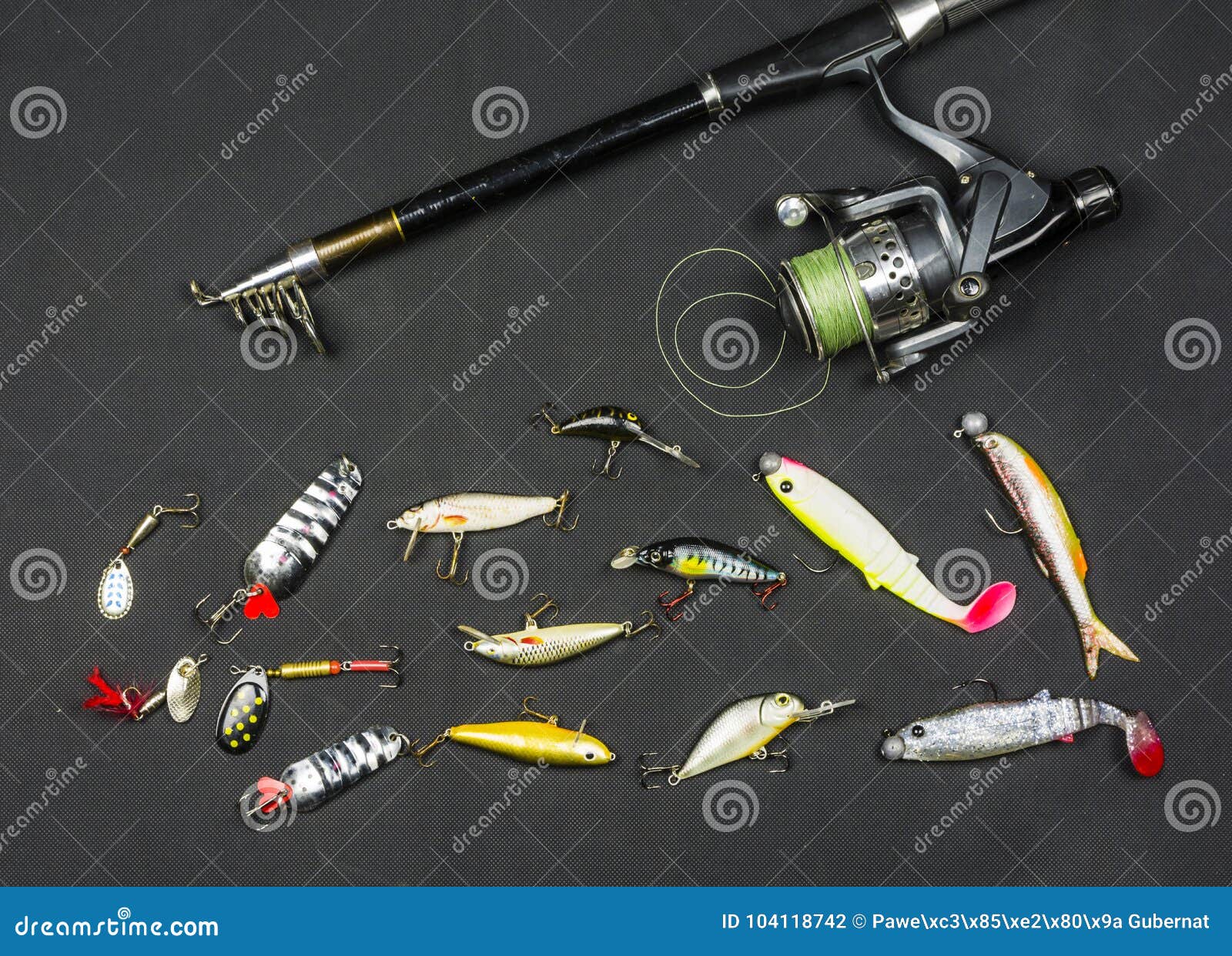 Attributes of Angler. Fishing Rod and Artificial Bait. Stock Photo - Image  of braided, soft: 104118742