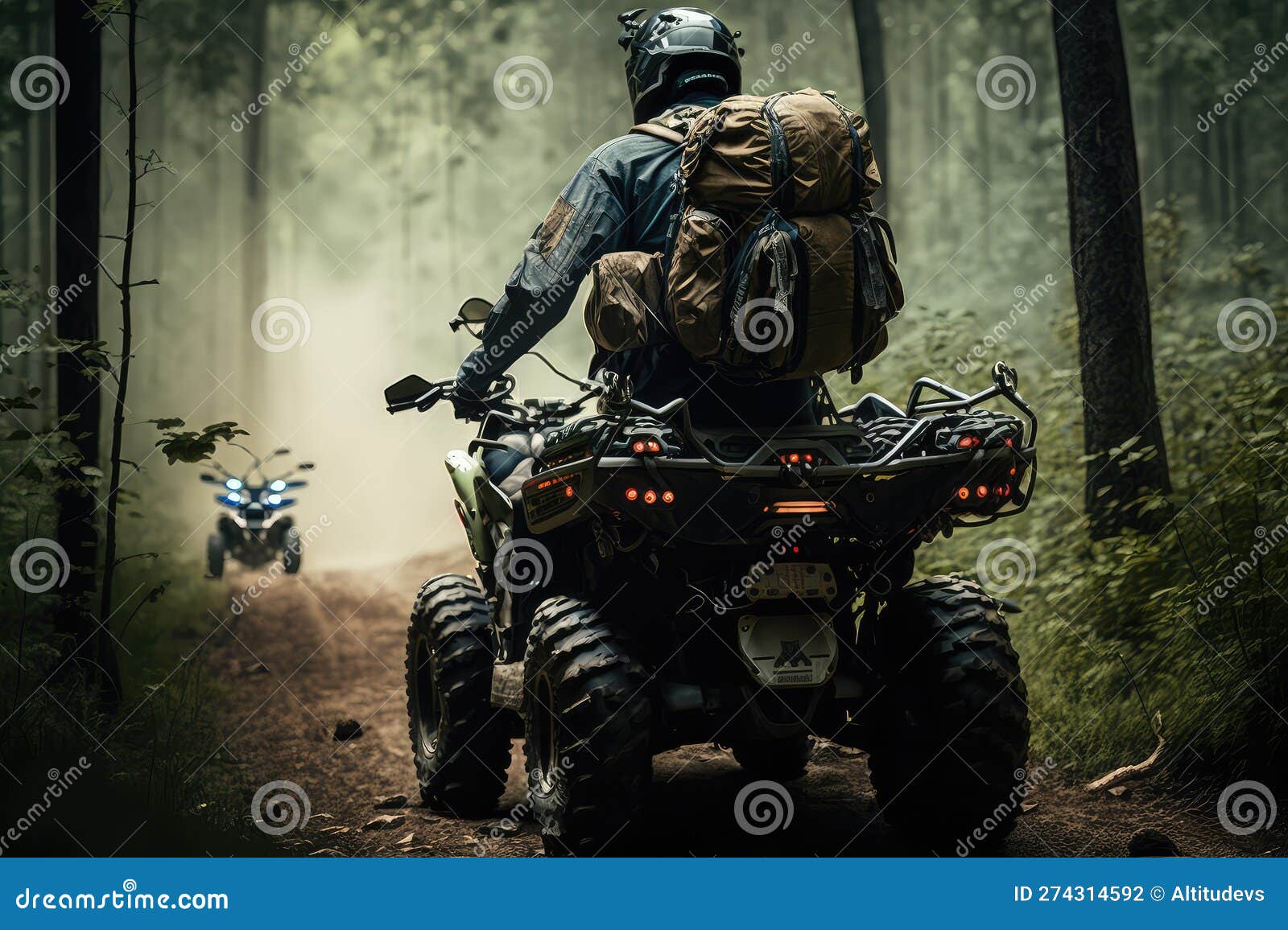 Atv Rider, with Backpack and Rifle, on Forest Trail Stock Illustration