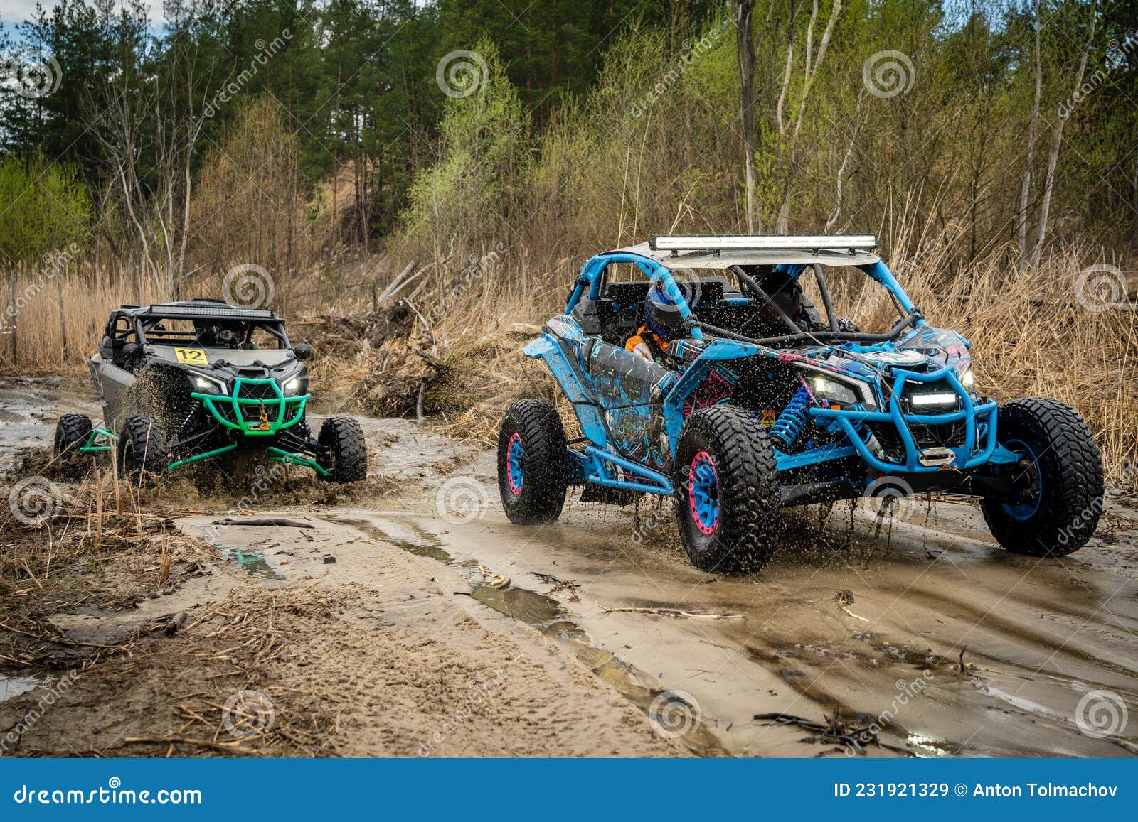 ATV Vehicles in Muddy Water at the Quad Buggy Competition Stock Image
