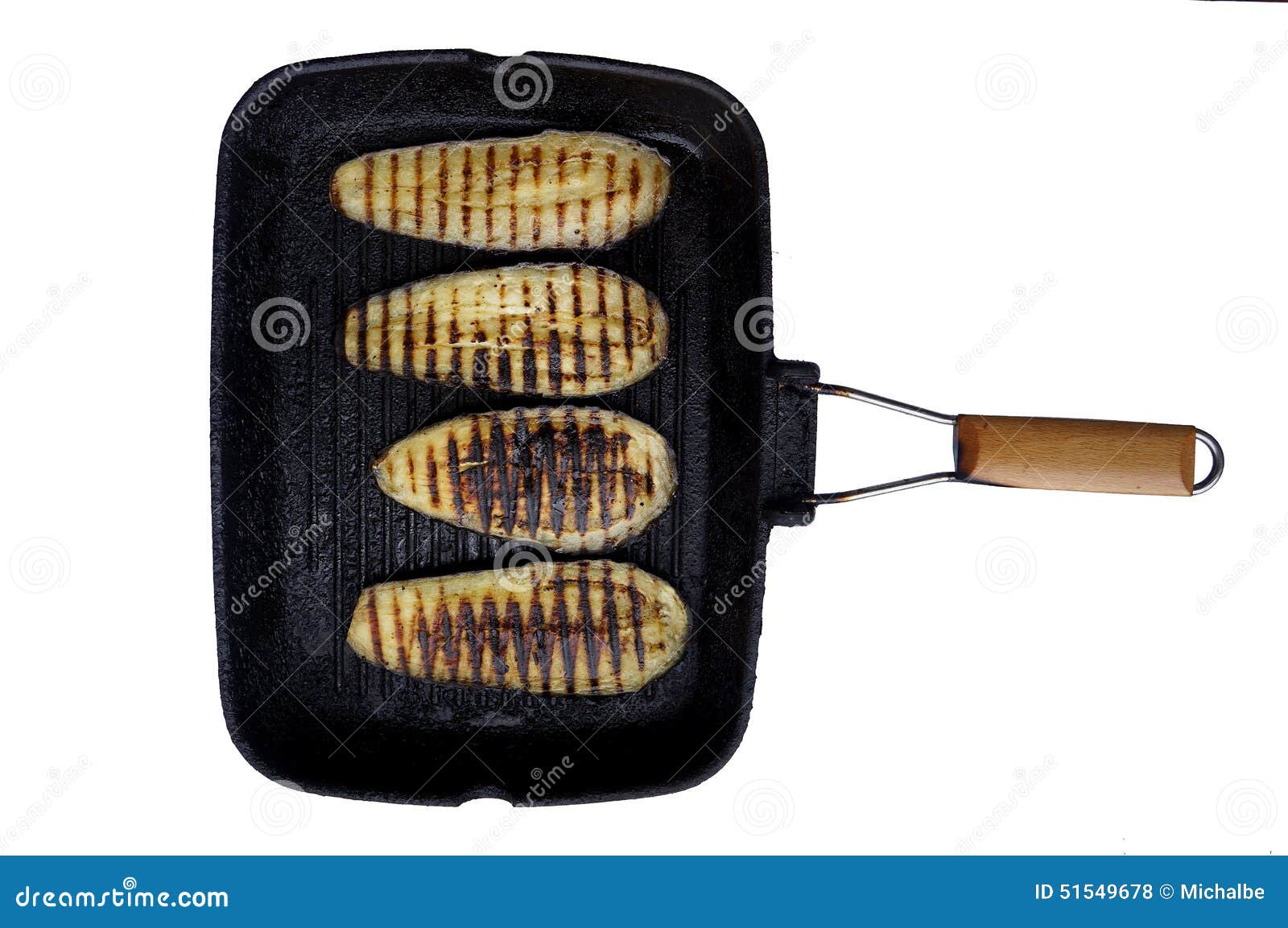 Aubergine and grill pan. Sliced aubergine with burn lines against iron grill pan with a handle