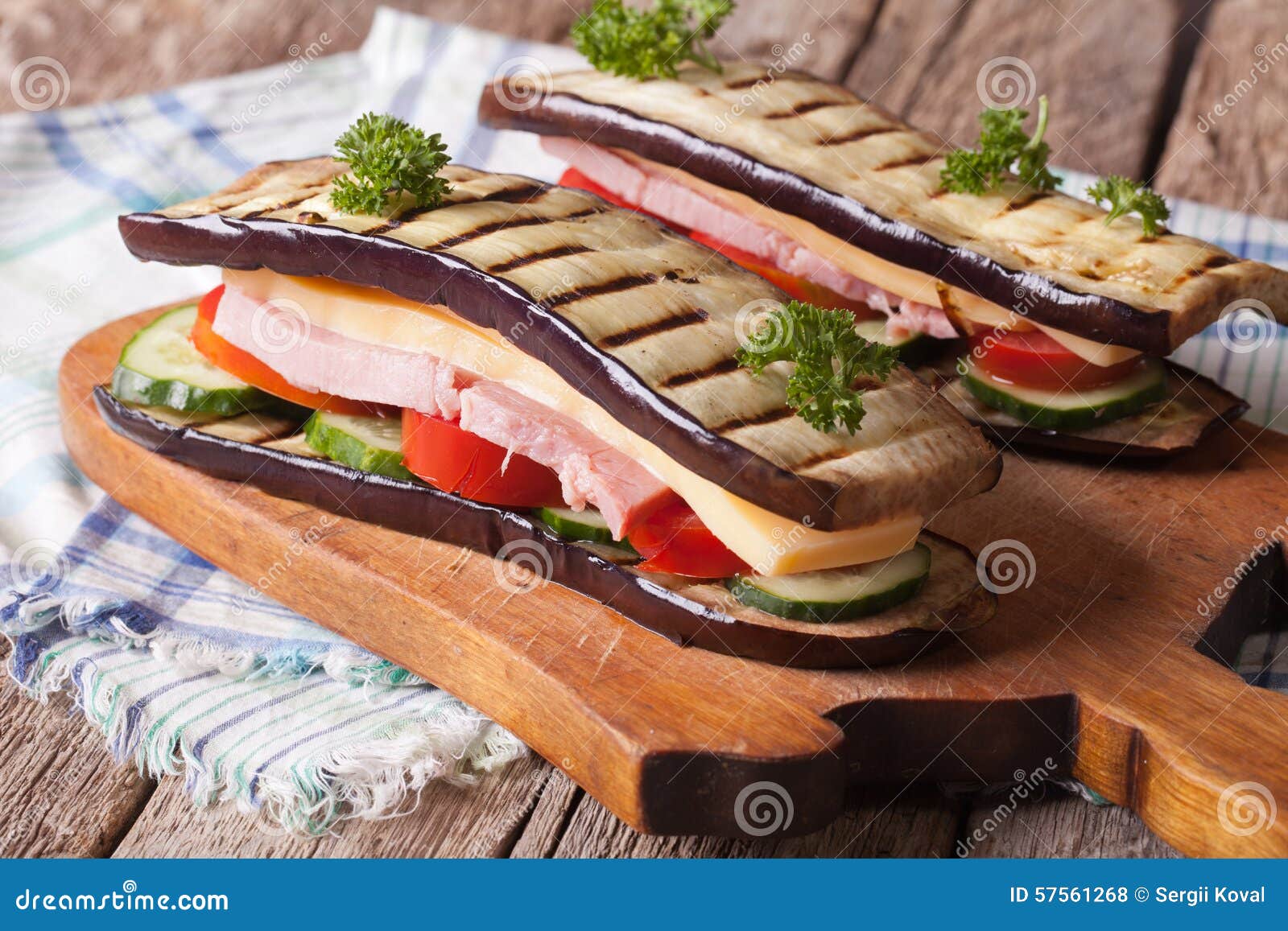 Aubergine Sandwich with Fresh Vegetables, Ham and Cheese Closeup Stock ...