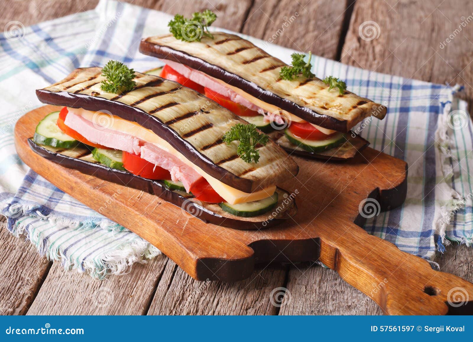 Aubergine Sandwiches with Vegetables, Ham and Cheese Stock Image ...