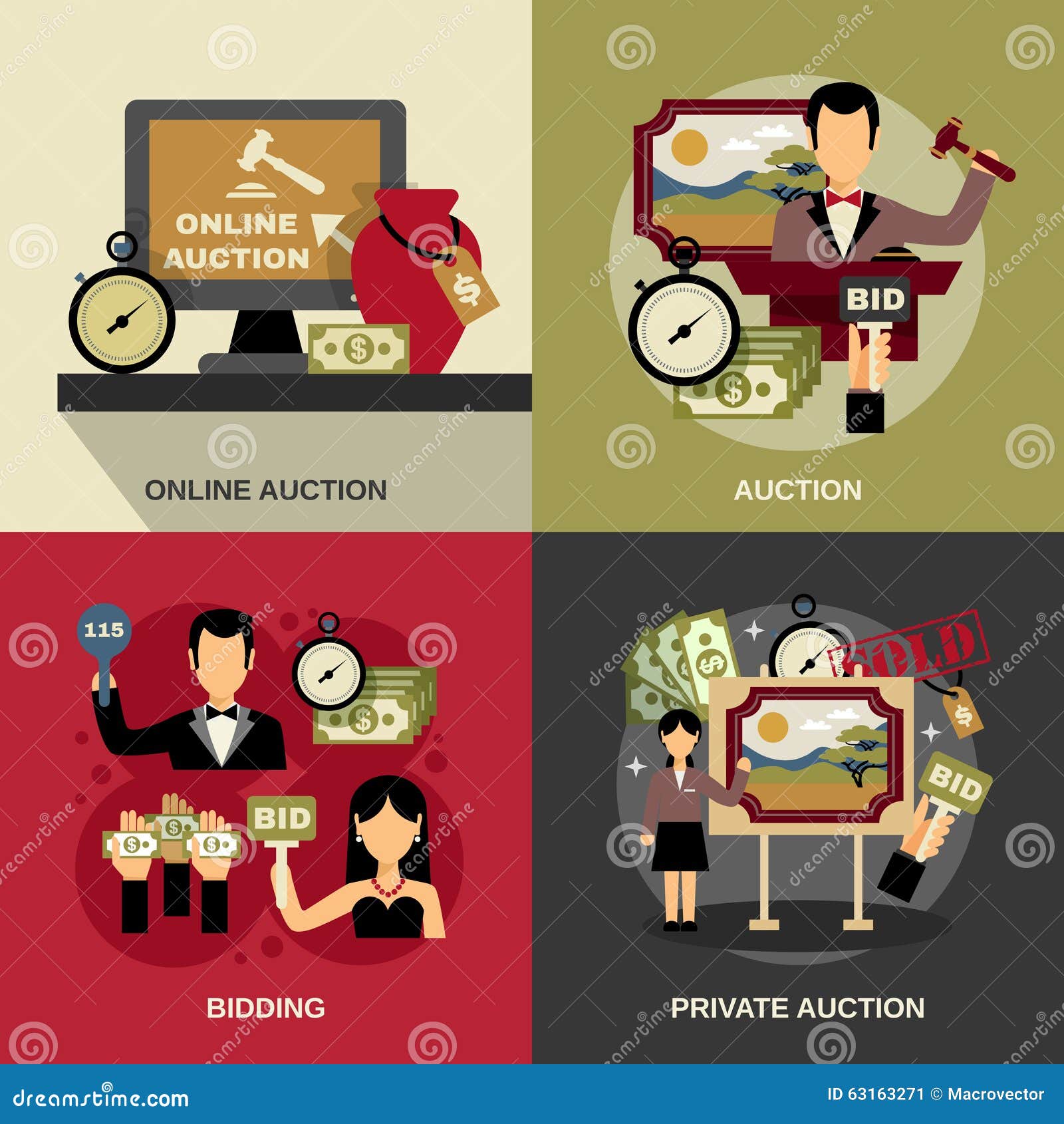 One Line Art Action : Online auction icons vector illustration cartoondealer