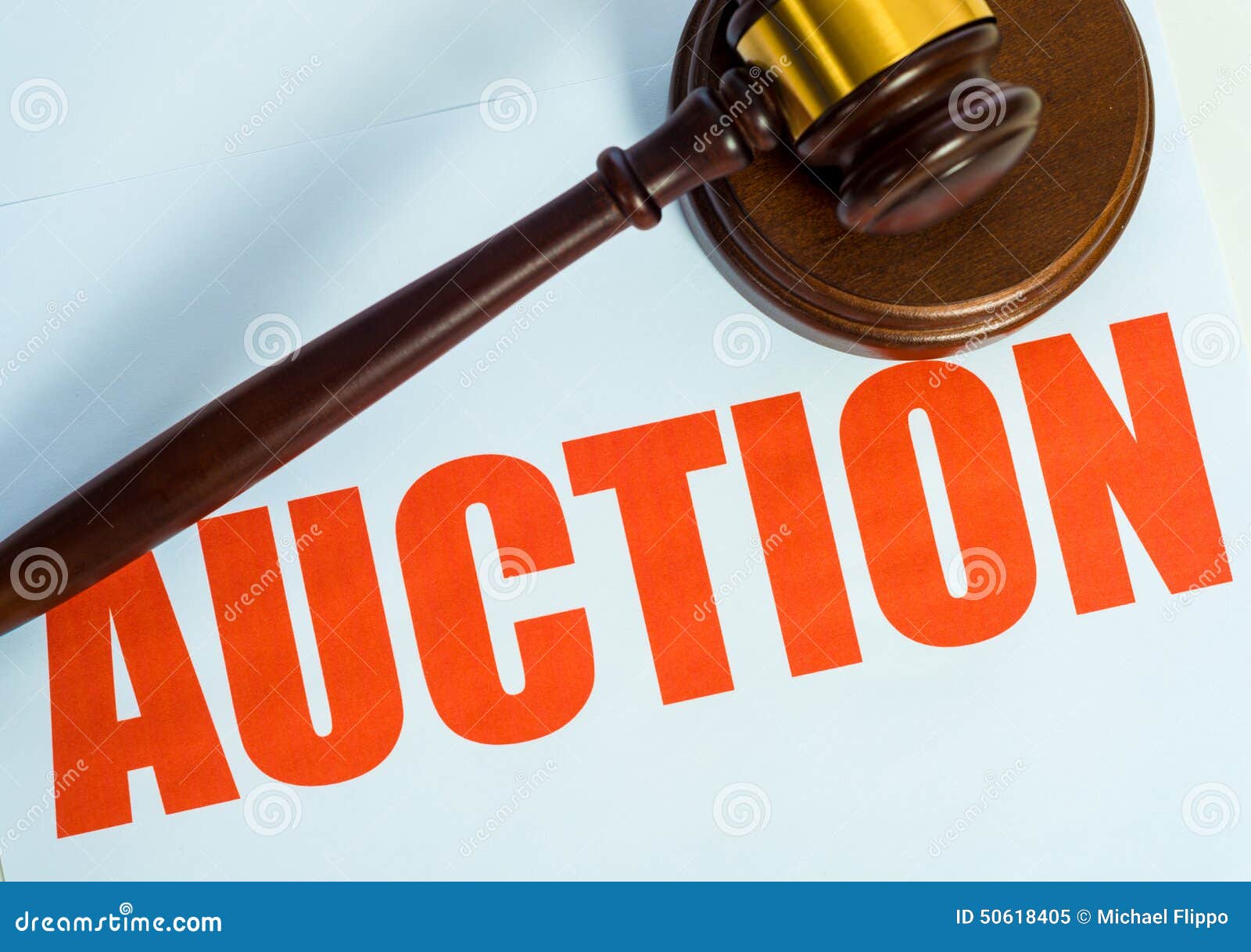 Auction Sign and Mallet on a White Background Stock Image - Image of