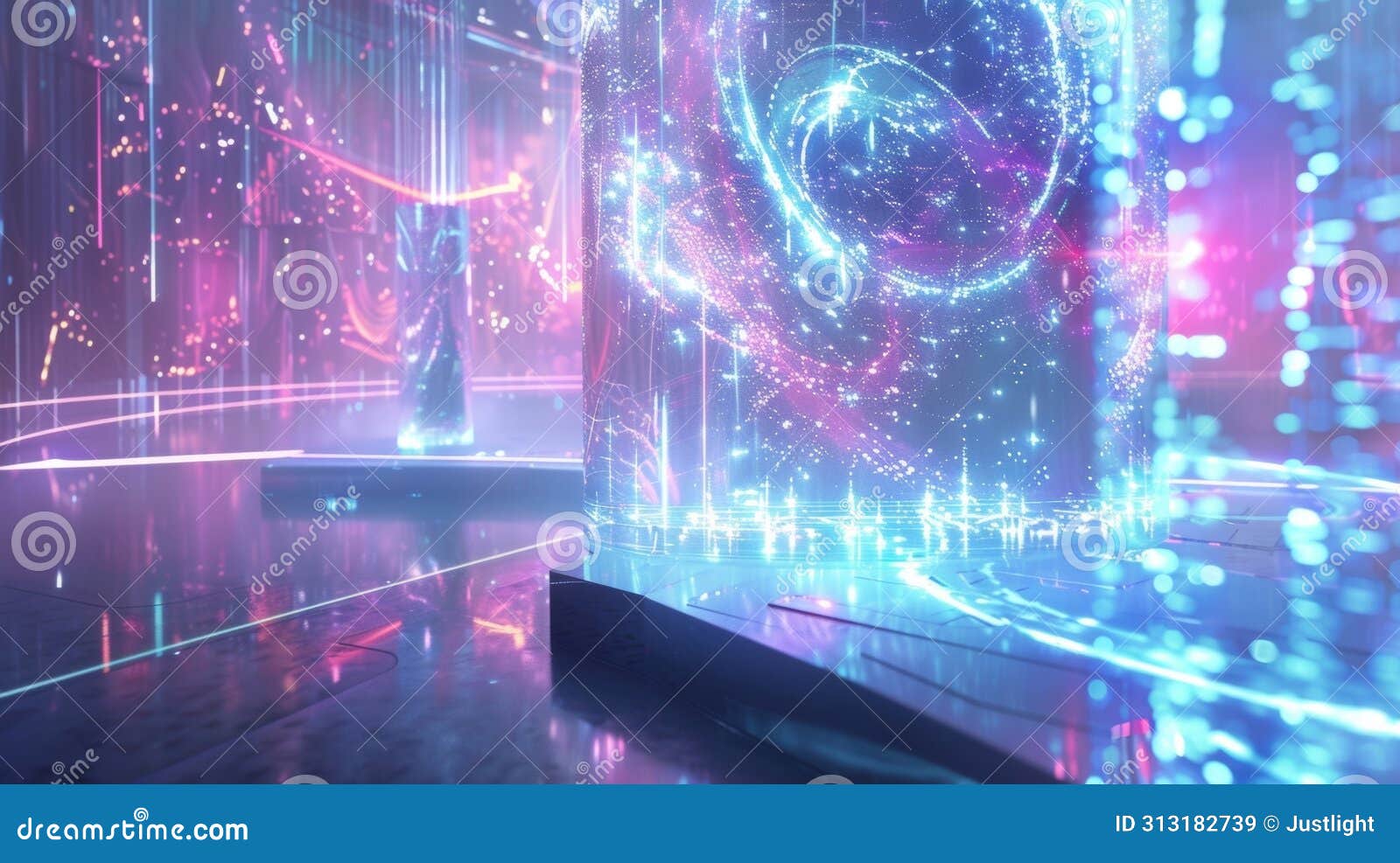 the audience is mesmerized as the podium is enveloped in a shimmery translucent barrier displaying holographic