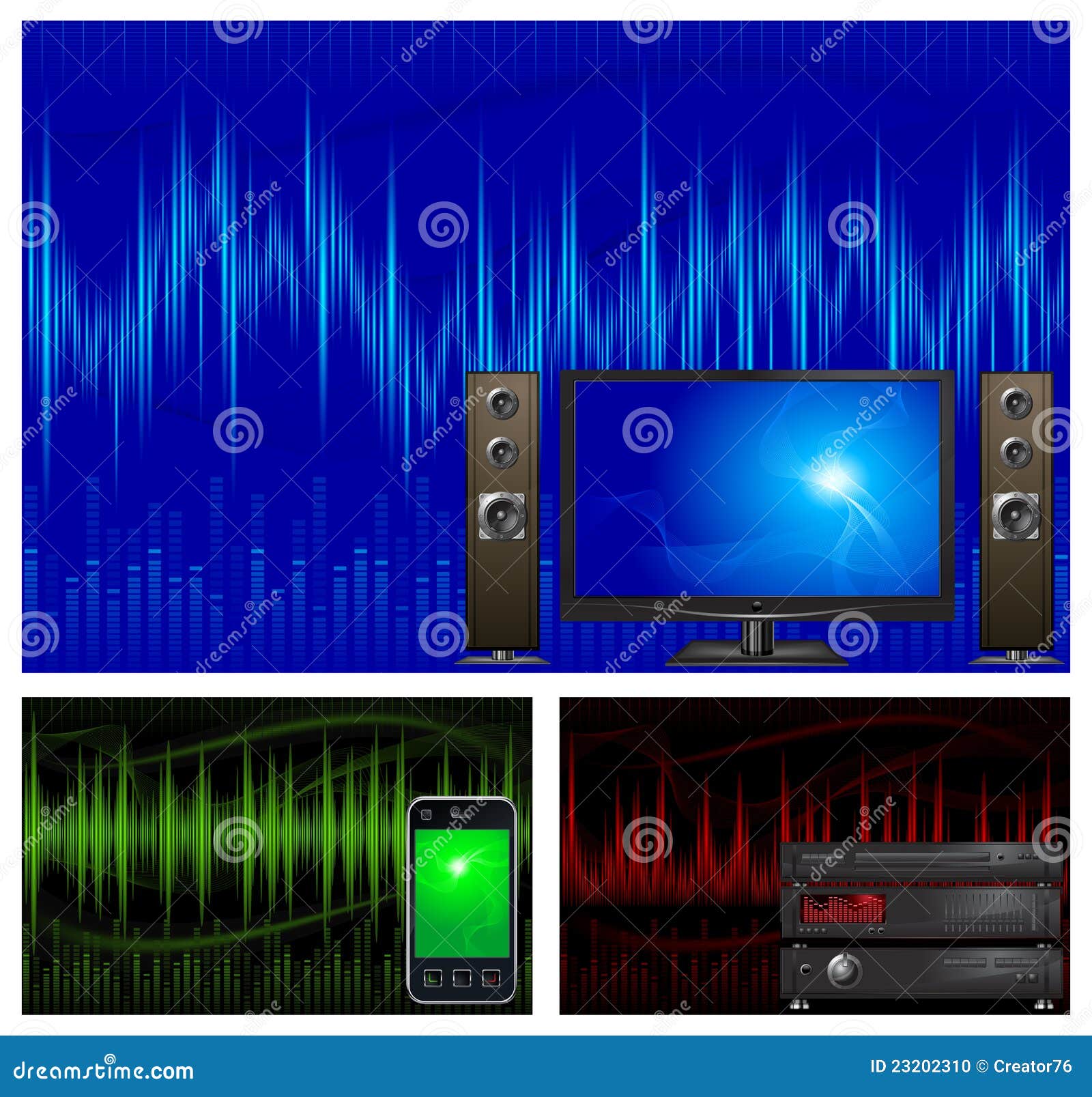 Audio &amp; de apparatuur van TV. Grafische equaliservertoning, correcte golven, apparatuur, vectorillustratie