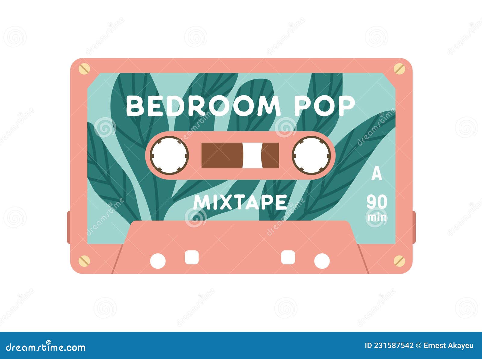 audio cassette with pop music records. retro magnetic mixtape. old analog tape casette. compact audiocassette of 80s