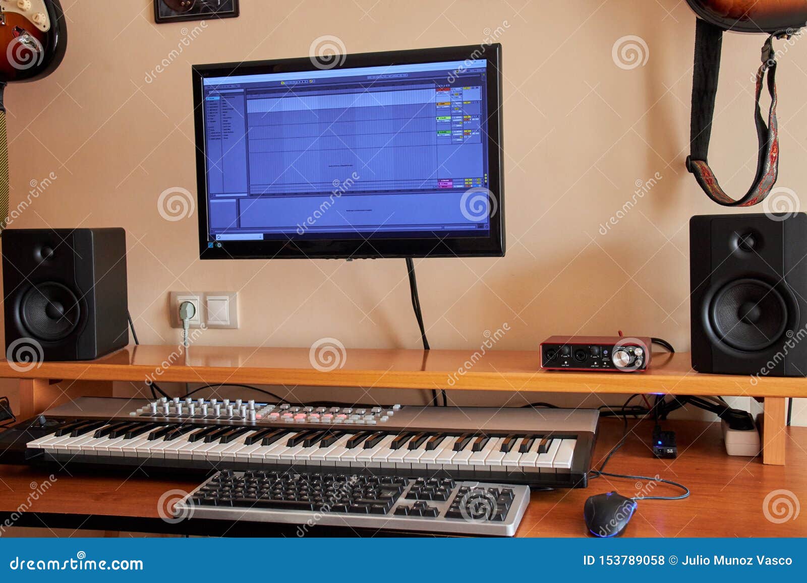 Audio Home Studio Equipped With Midi Keyboard Monitors And Sound