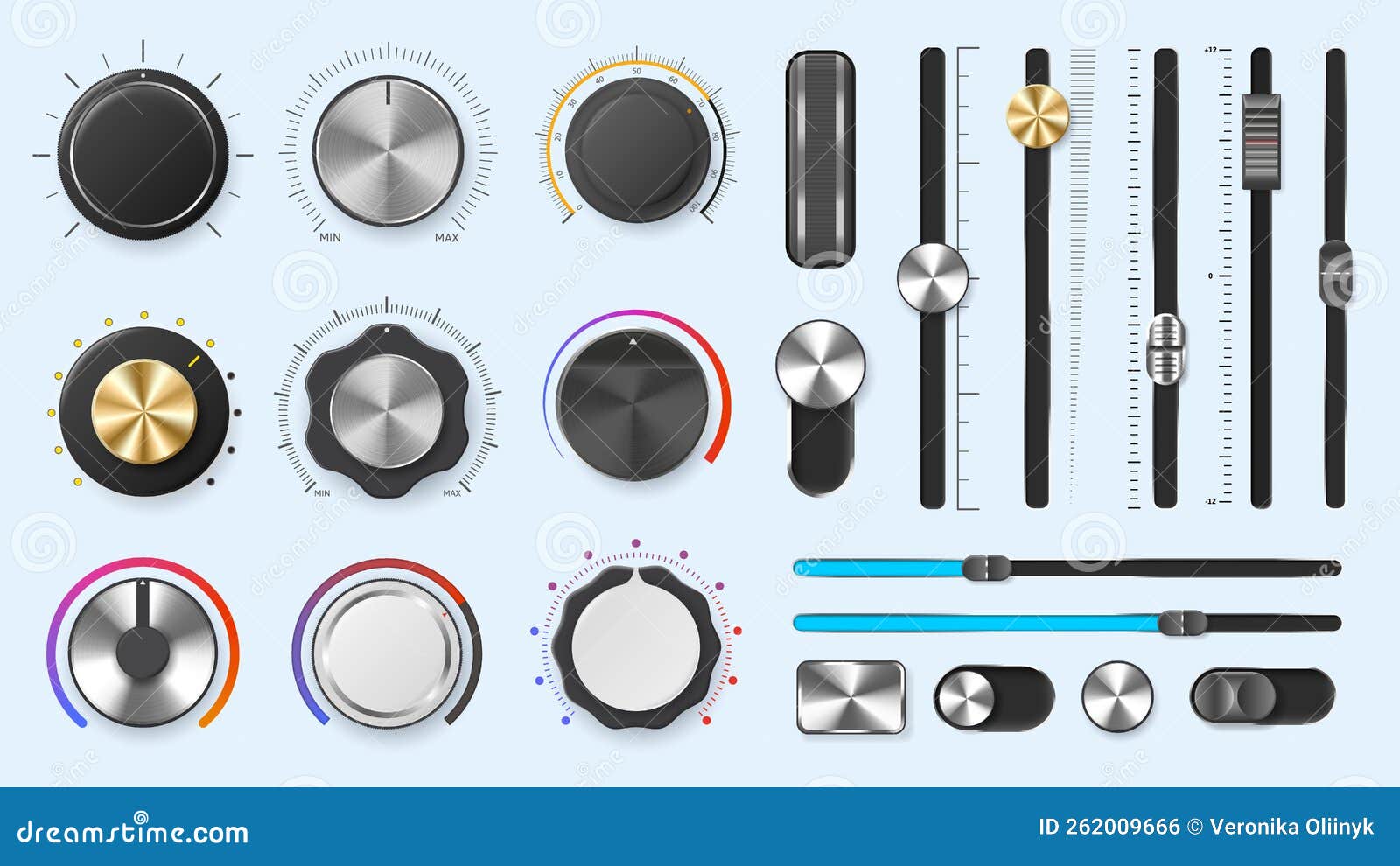Audio Mixer Dials. Volume Adjustment Levels Metal Knobs and Slider Regulators, Round and Line