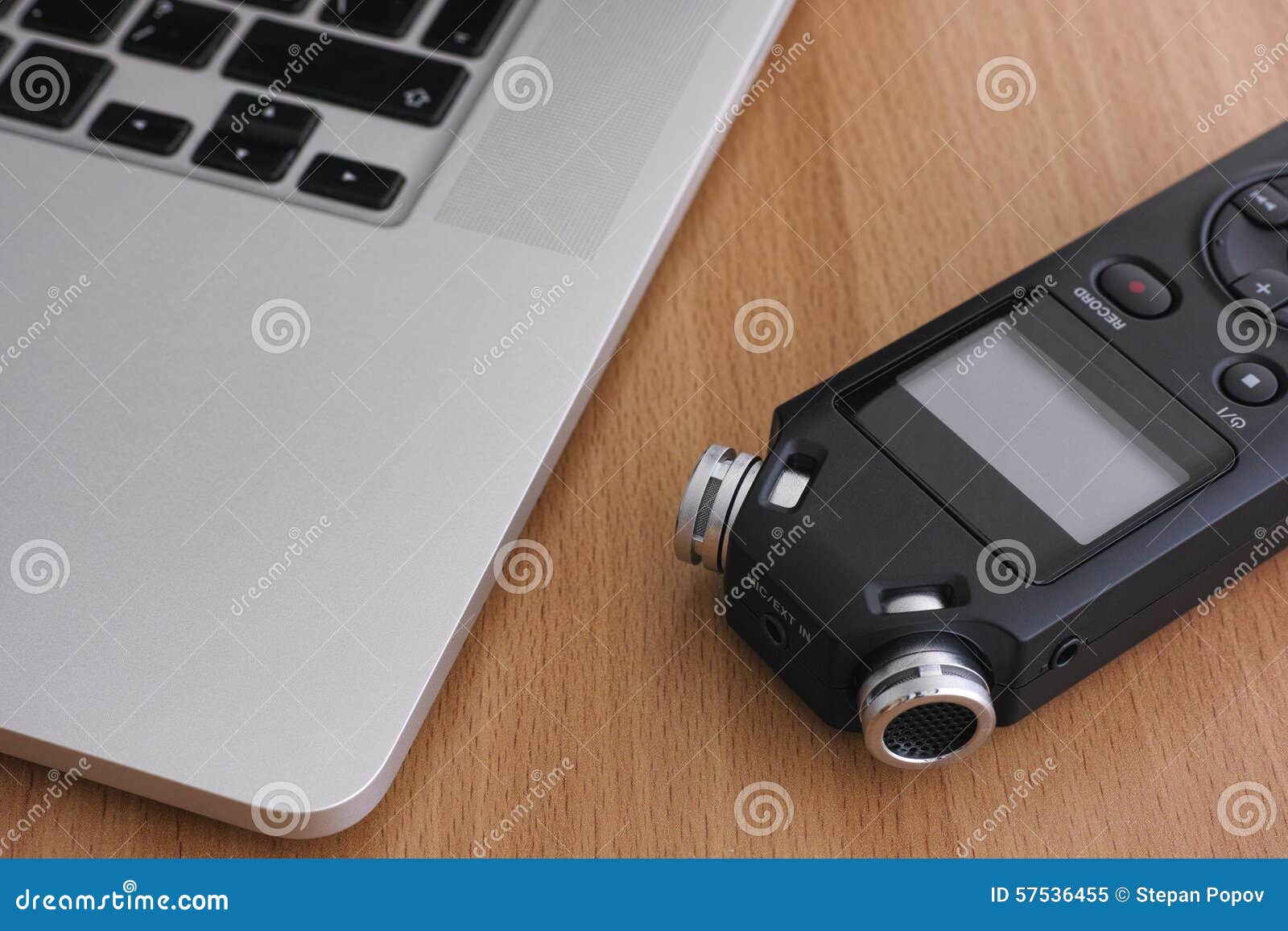 Audio recorder and laptop stock image. Image of radio 57536455