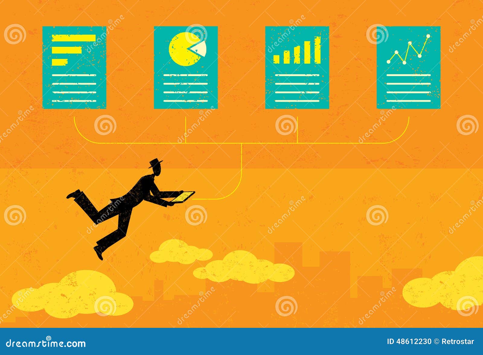 A man auditing financial documents over an abstract skyline background. The man &amp; financial documents and the background are on a separate labeled layers.