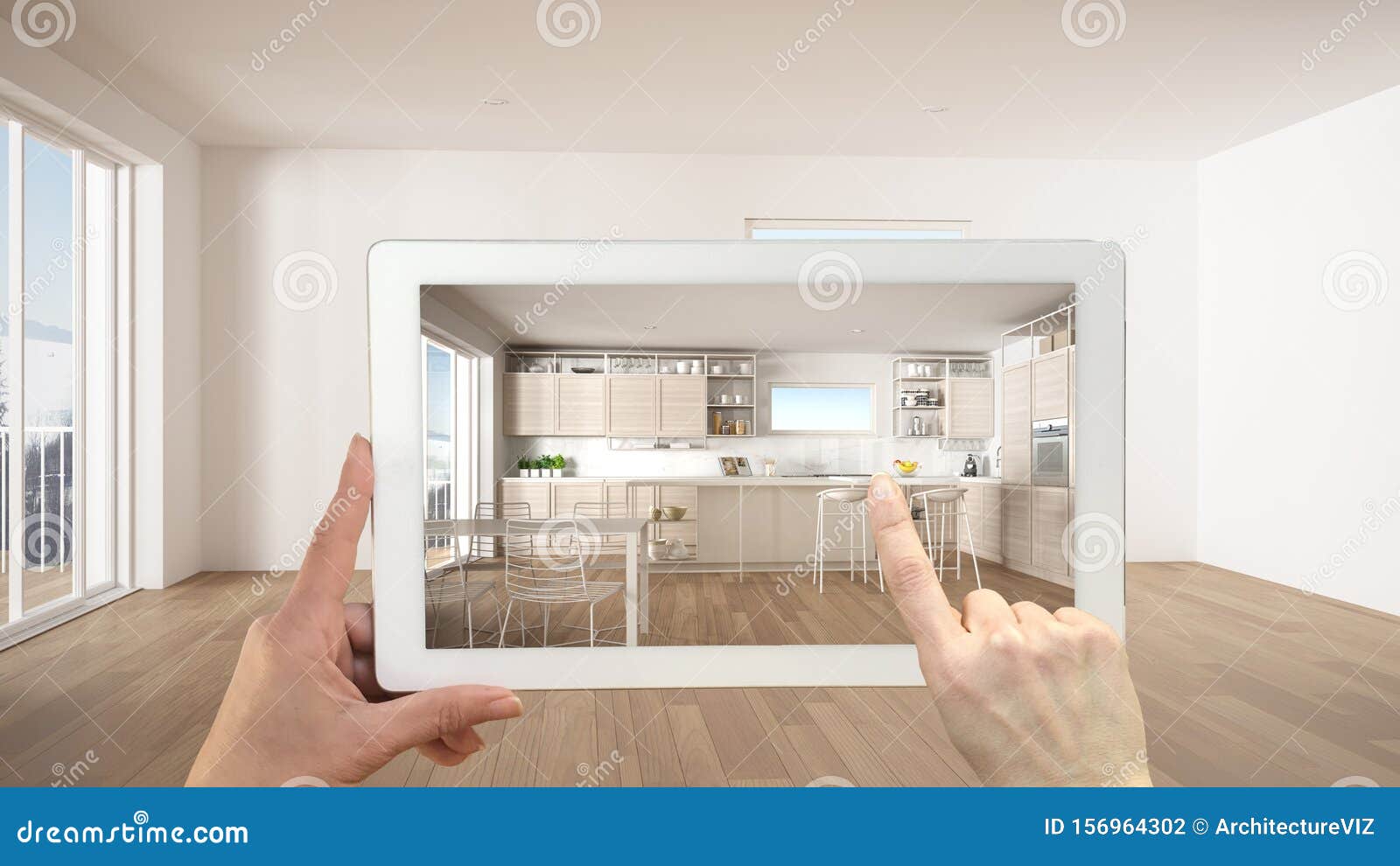 augmented reality concept. hand holding tablet with ar application used to simulate furniture and  products in empty