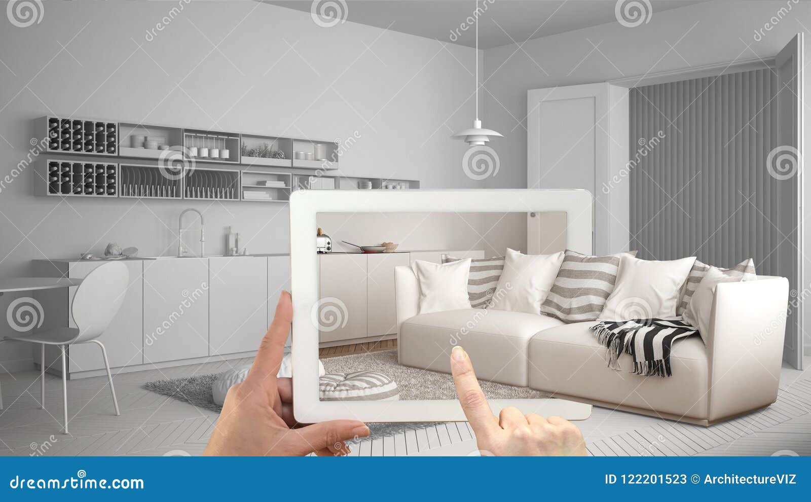 augmented reality concept. hand holding tablet with ar application used to simulate furniture and interior  products in real
