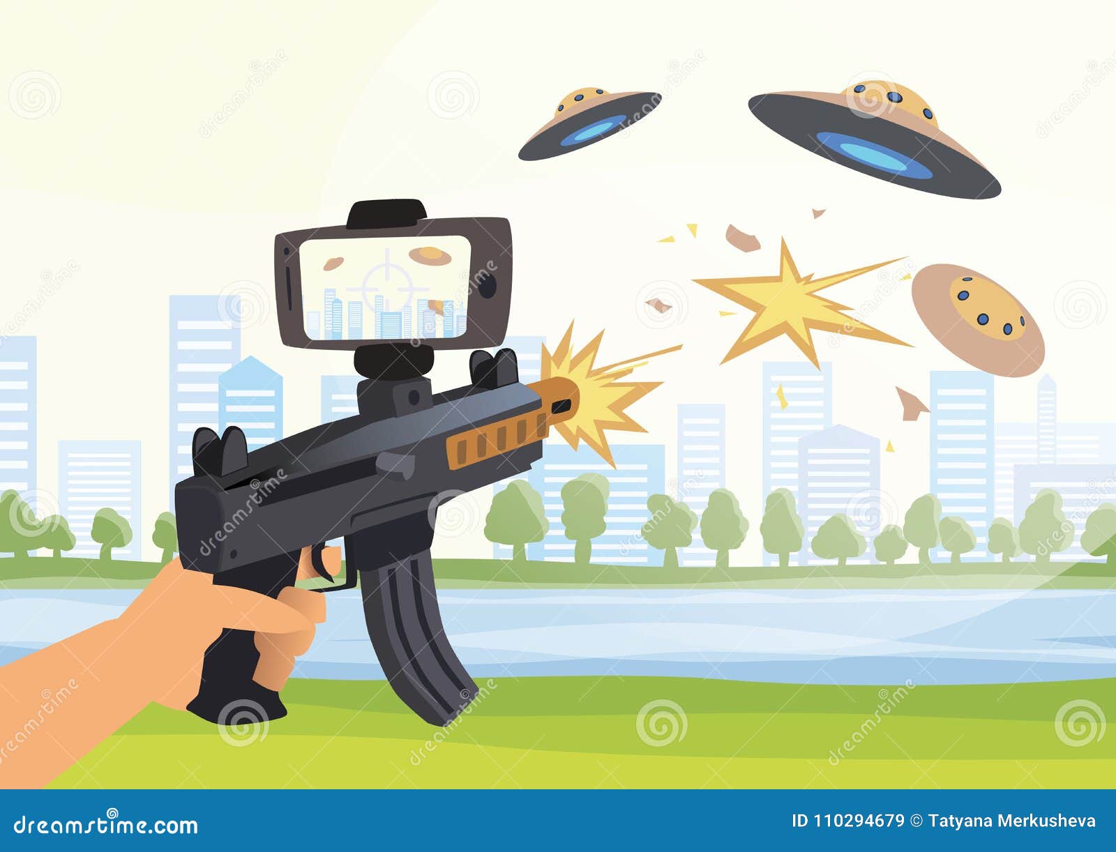 Augmented Reality Games. Boy with AR Gun Playing a Shooter. Game Weapon with Mobile Phone