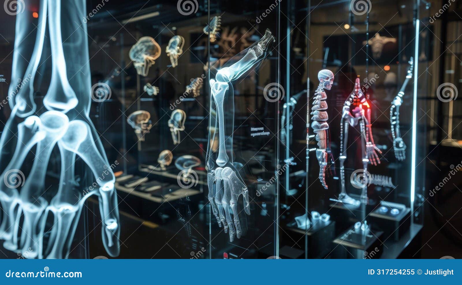 augmented reality projections showing the internal mechanics and functions of different types of prosthetic limbs aiding