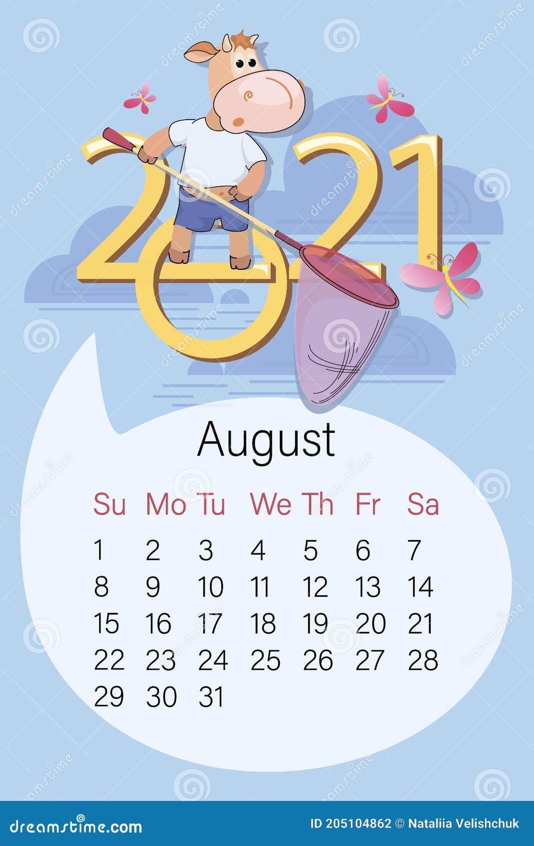 August 2021. Bullish Calendar. Summer Fun, Hobby, Hunting. Funny Calf with  Butterfly Net,butterflies Stock Illustration - Illustration of clouds,  calf: 205104862