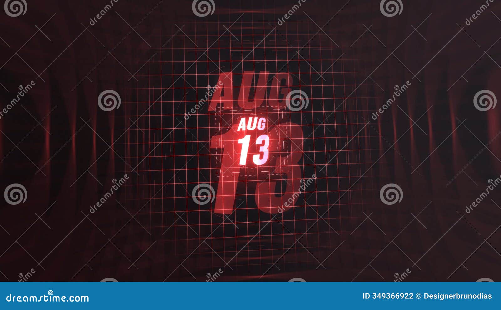 13 august. calendar with number and month in neon red with grid background. 4k